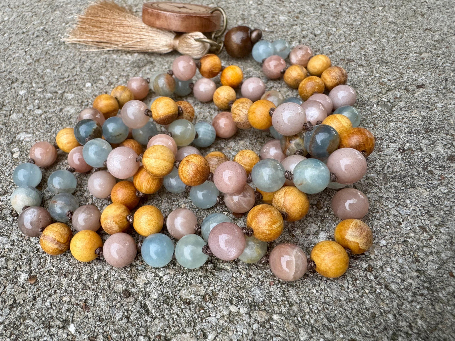 Only One - Spiritual Growth Mala Necklace - Intuition " Goddess of the Ancient Sea " Lemurian Aquatine Calcite Crystals - Palo Santo Wood
