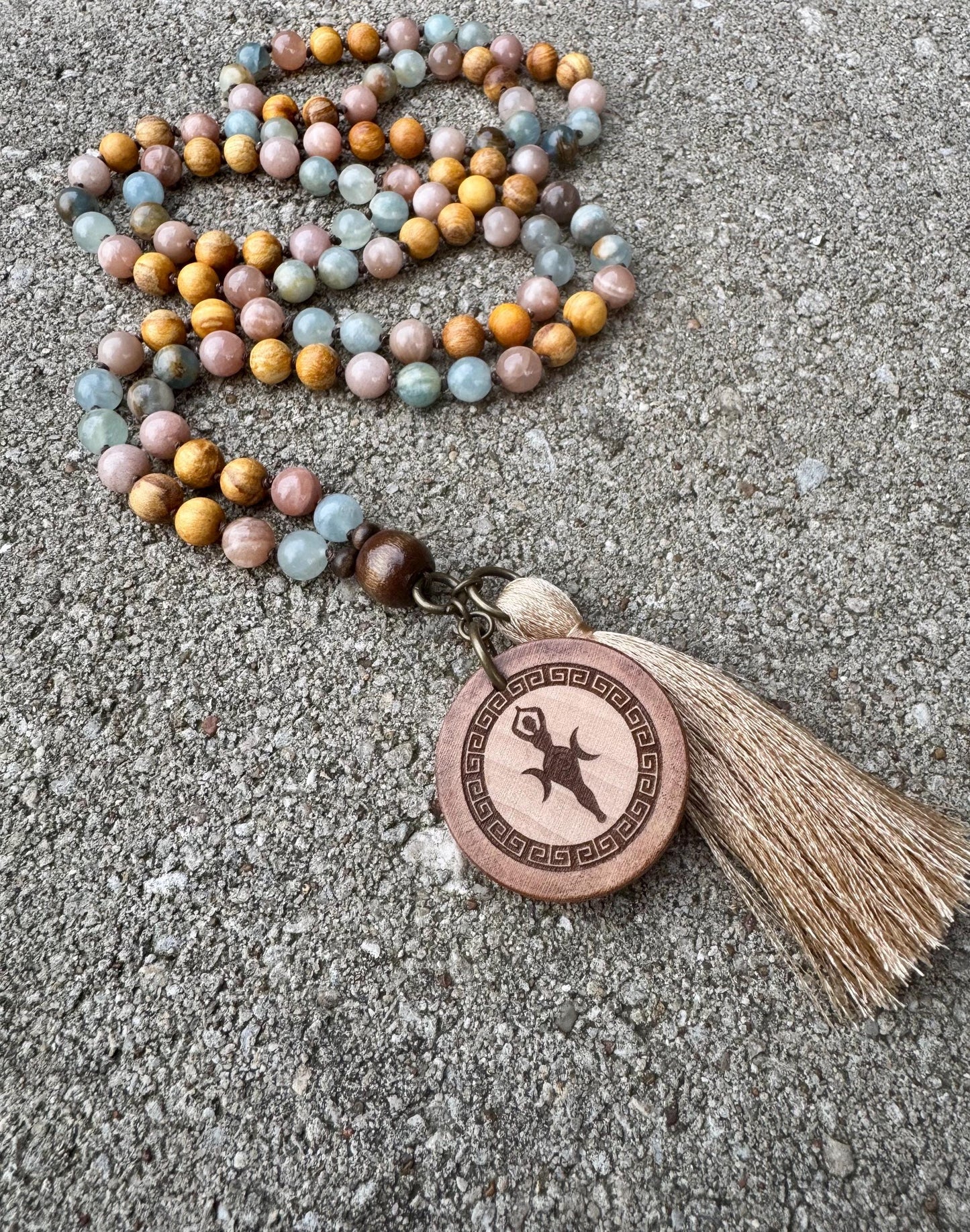 Only One - Spiritual Growth Mala Necklace - Intuition " Goddess of the Ancient Sea " Lemurian Aquatine Calcite Crystals - Palo Santo Wood