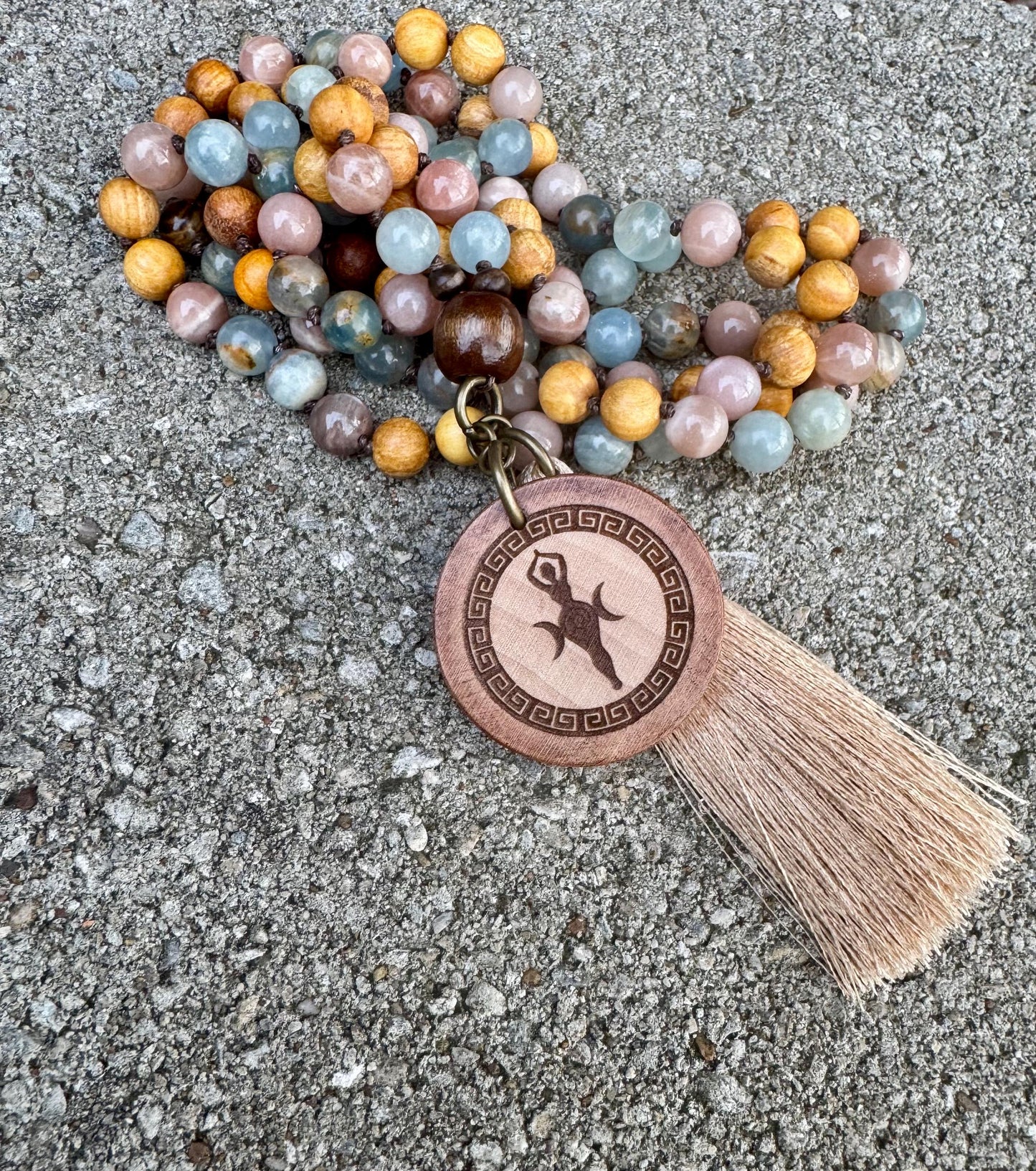 Only One - Spiritual Growth Mala Necklace - Intuition " Goddess of the Ancient Sea " Lemurian Aquatine Calcite Crystals - Palo Santo Wood