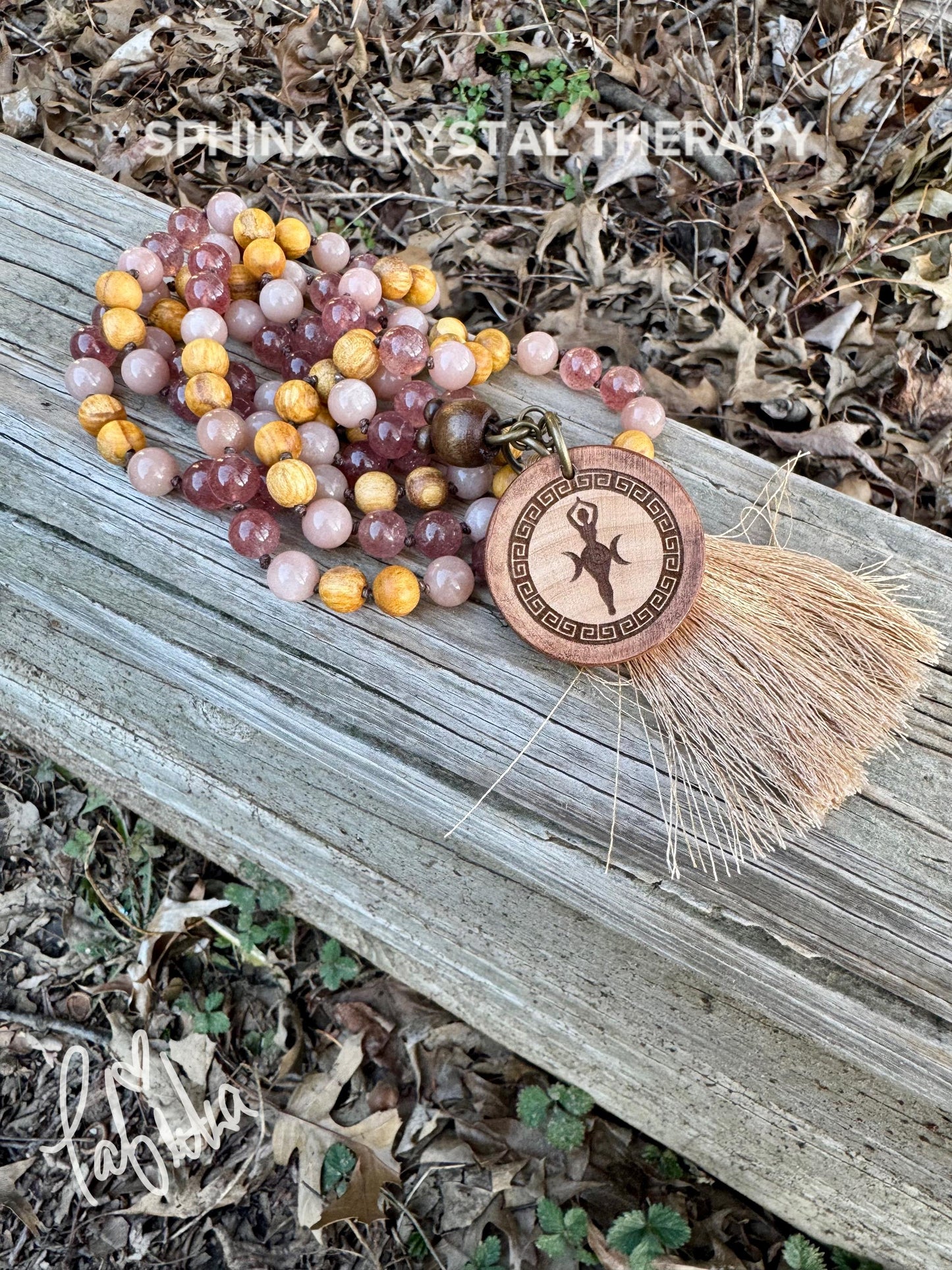 Heart Healing & Stress Support Mala  " Goddess of Renewal " AAA Moonstone - Strawberry Quartz - Palo Santo - High Quality Gemstone Crystals