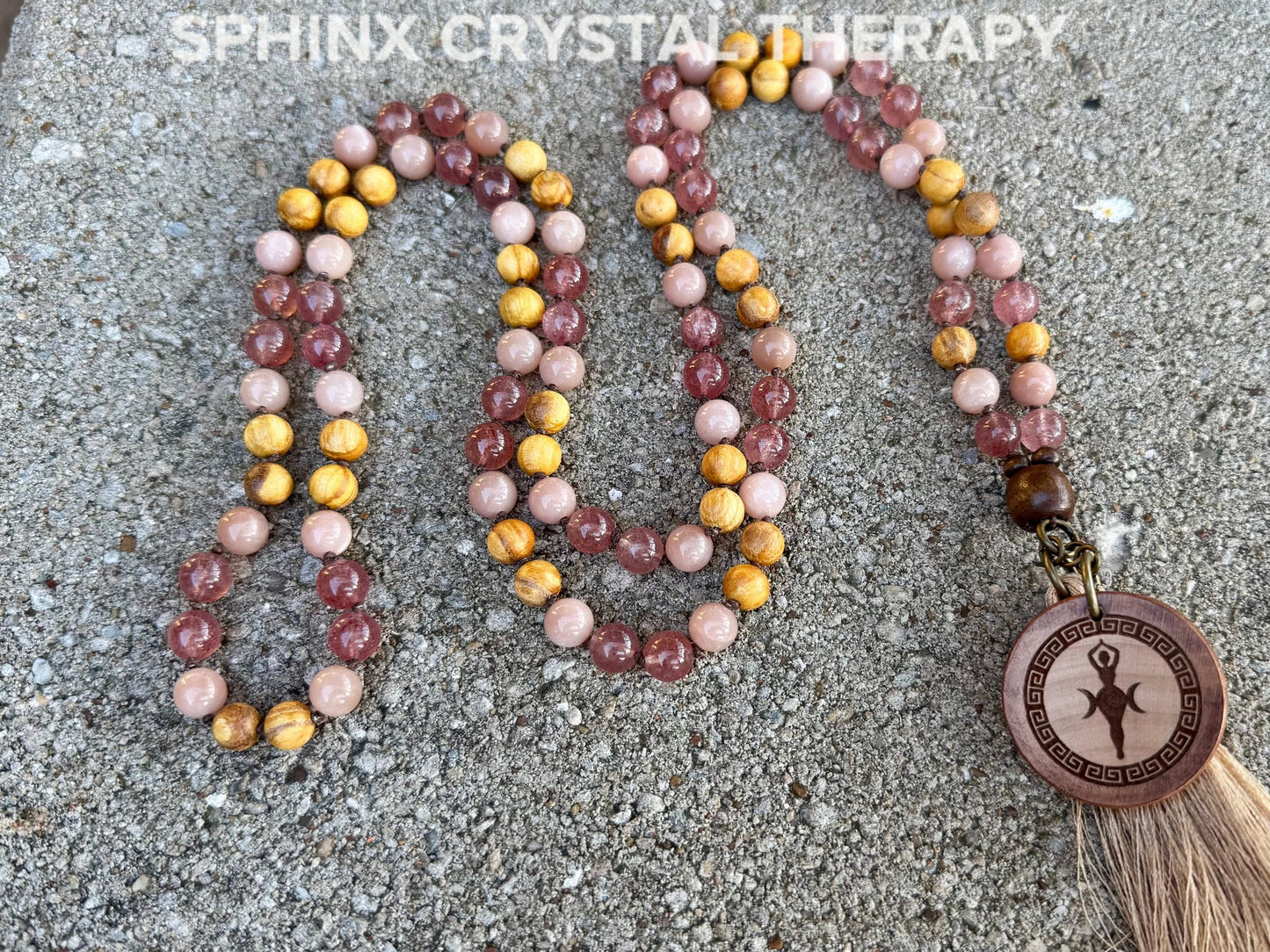 Heart Healing & Stress Support Mala  " Goddess of Renewal " AAA Moonstone - Strawberry Quartz - Palo Santo - High Quality Gemstone Crystals