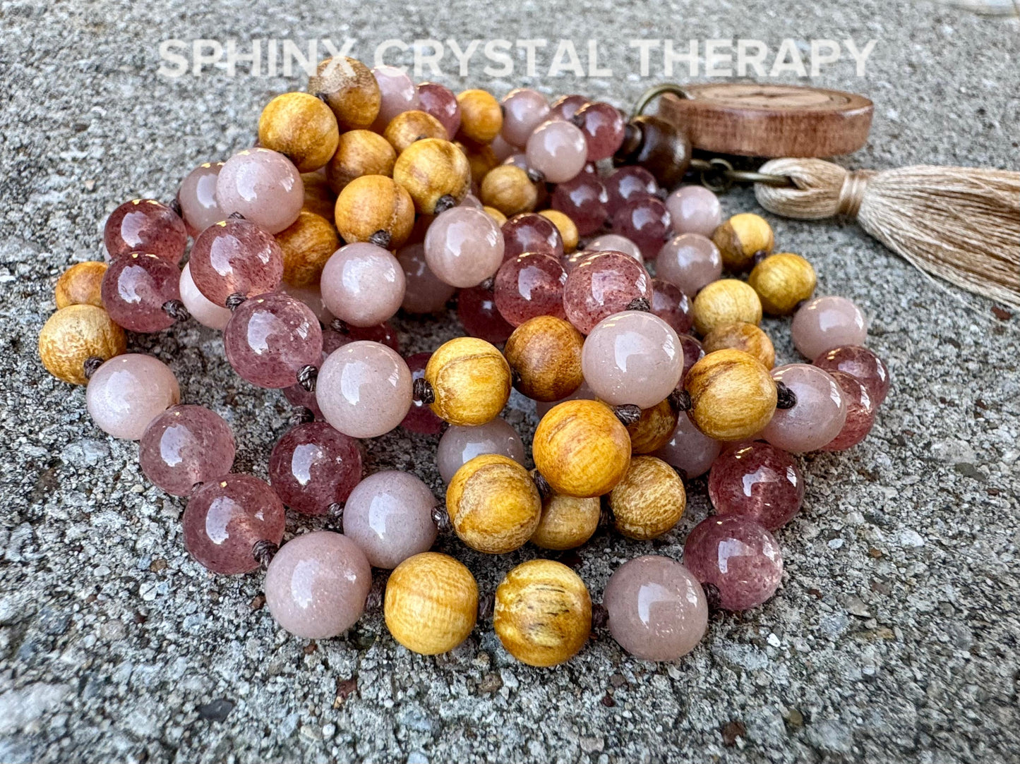 Heart Healing & Stress Support Mala  " Goddess of Renewal " AAA Moonstone - Strawberry Quartz - Palo Santo - High Quality Gemstone Crystals