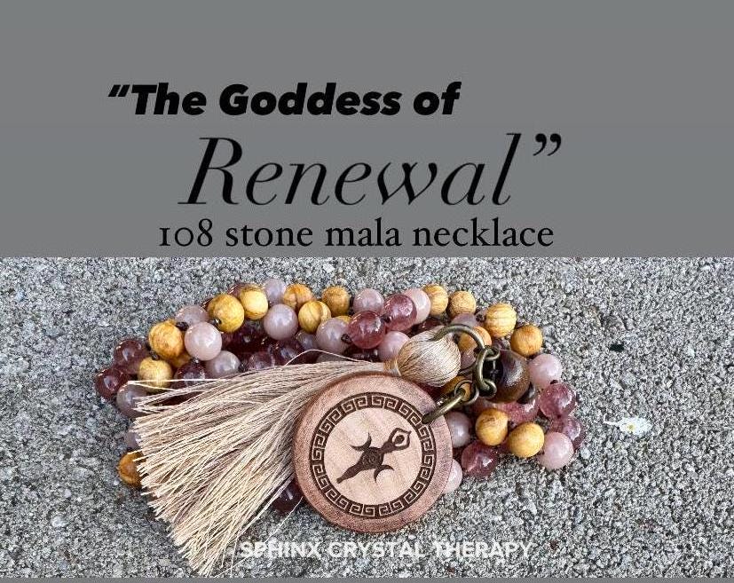 Heart Healing & Stress Support Mala  " Goddess of Renewal " AAA Moonstone - Strawberry Quartz - Palo Santo - High Quality Gemstone Crystals