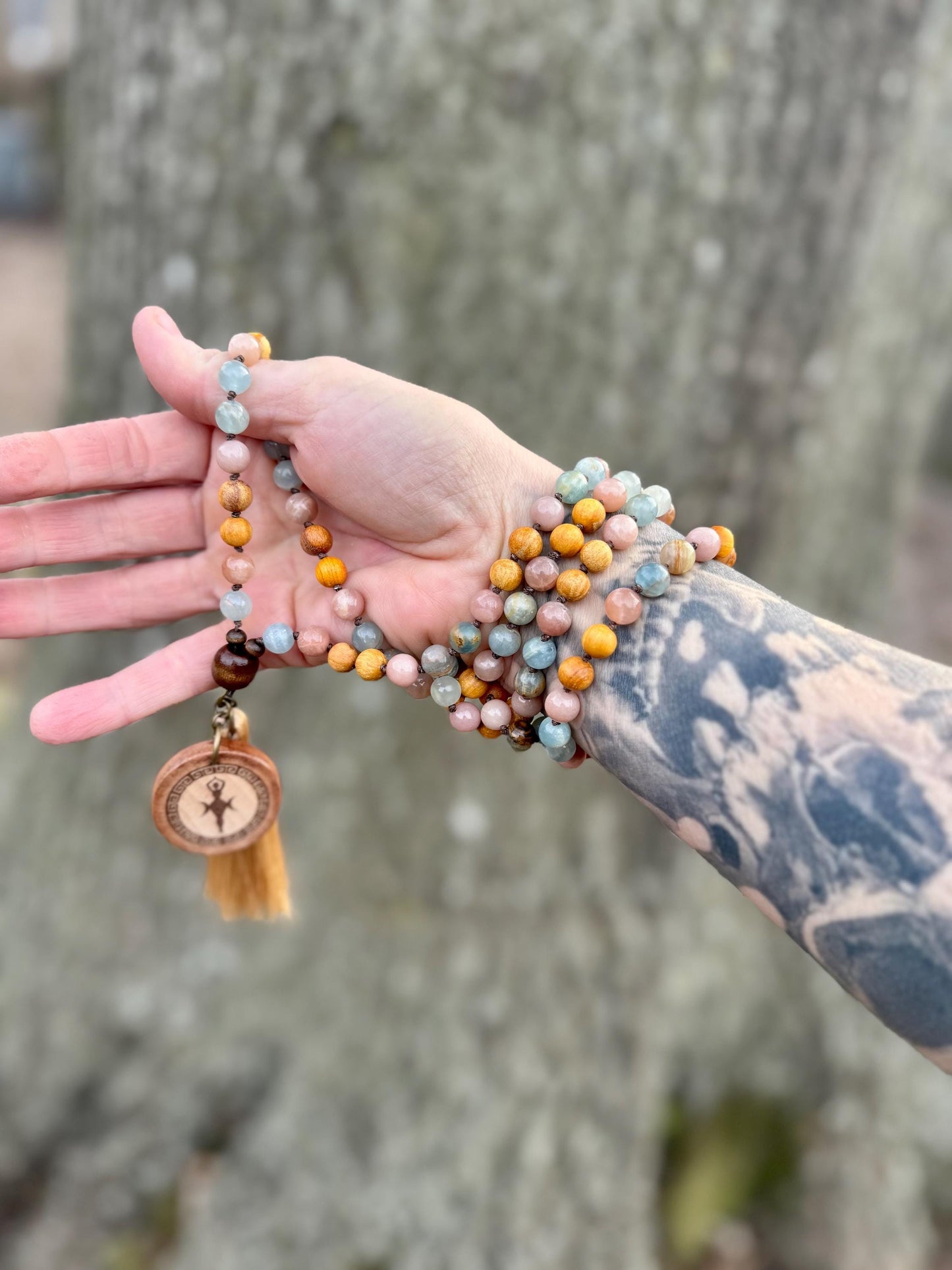 Only One - Spiritual Growth Mala Necklace - Intuition " Goddess of the Ancient Sea " Lemurian Aquatine Calcite Crystals - Palo Santo Wood