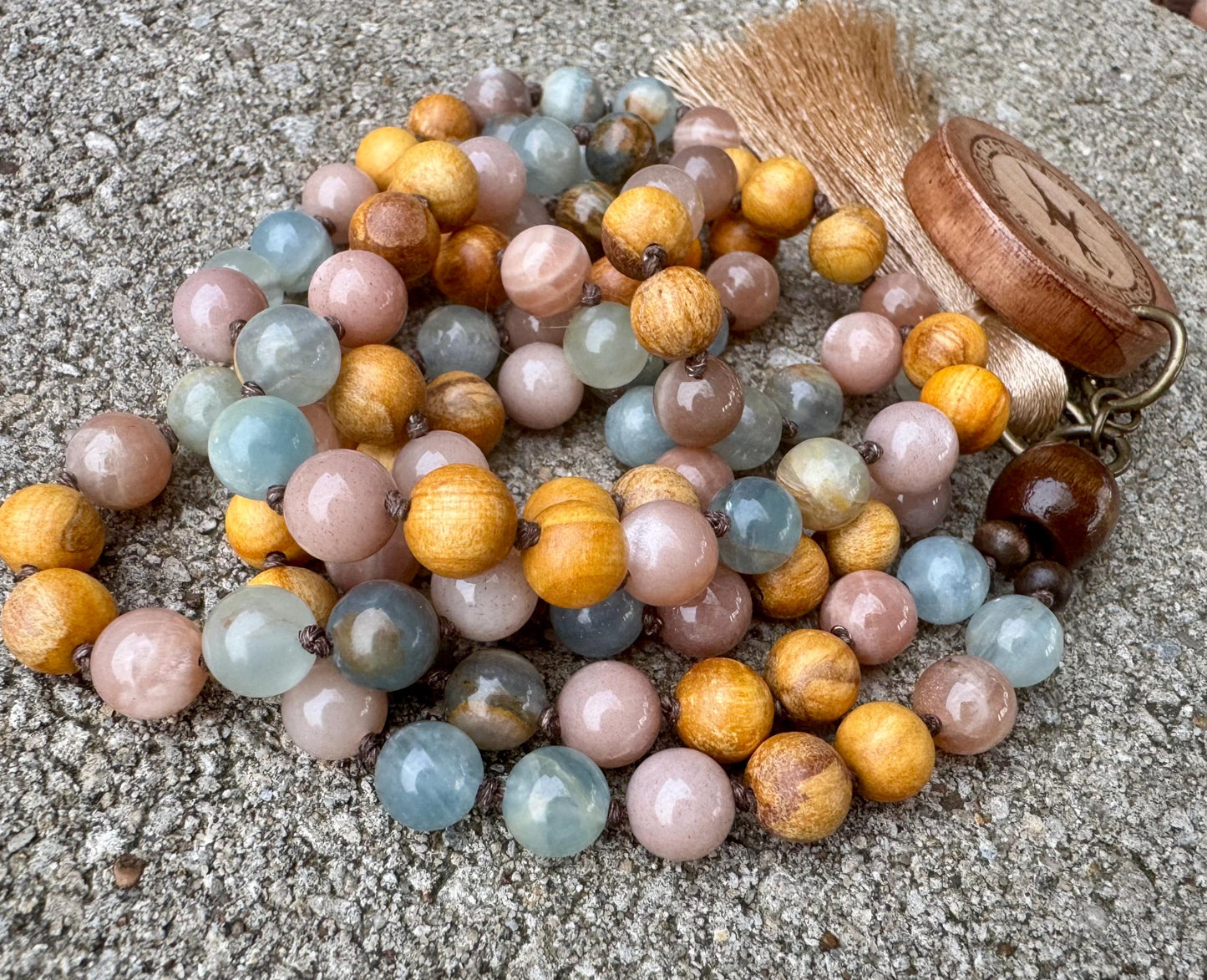 Only One - Spiritual Growth Mala Necklace - Intuition " Goddess of the Ancient Sea " Lemurian Aquatine Calcite Crystals - Palo Santo Wood