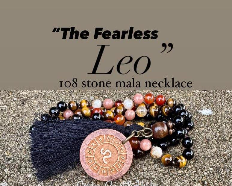 Leo Energy Mala Necklace - Zodiac Horoscope - " The Fearless Leo " July August Birthday - Carnelian - Sunstone - Crystal Healing Gemstones