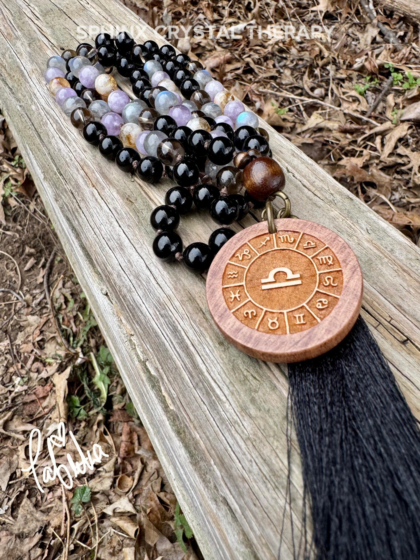 Libra Energy Mala Necklace - Zodiac  - "The Diplomat Libra" September October Birthday - Crystal Healing Gemstones - 108 Mantra Meditation