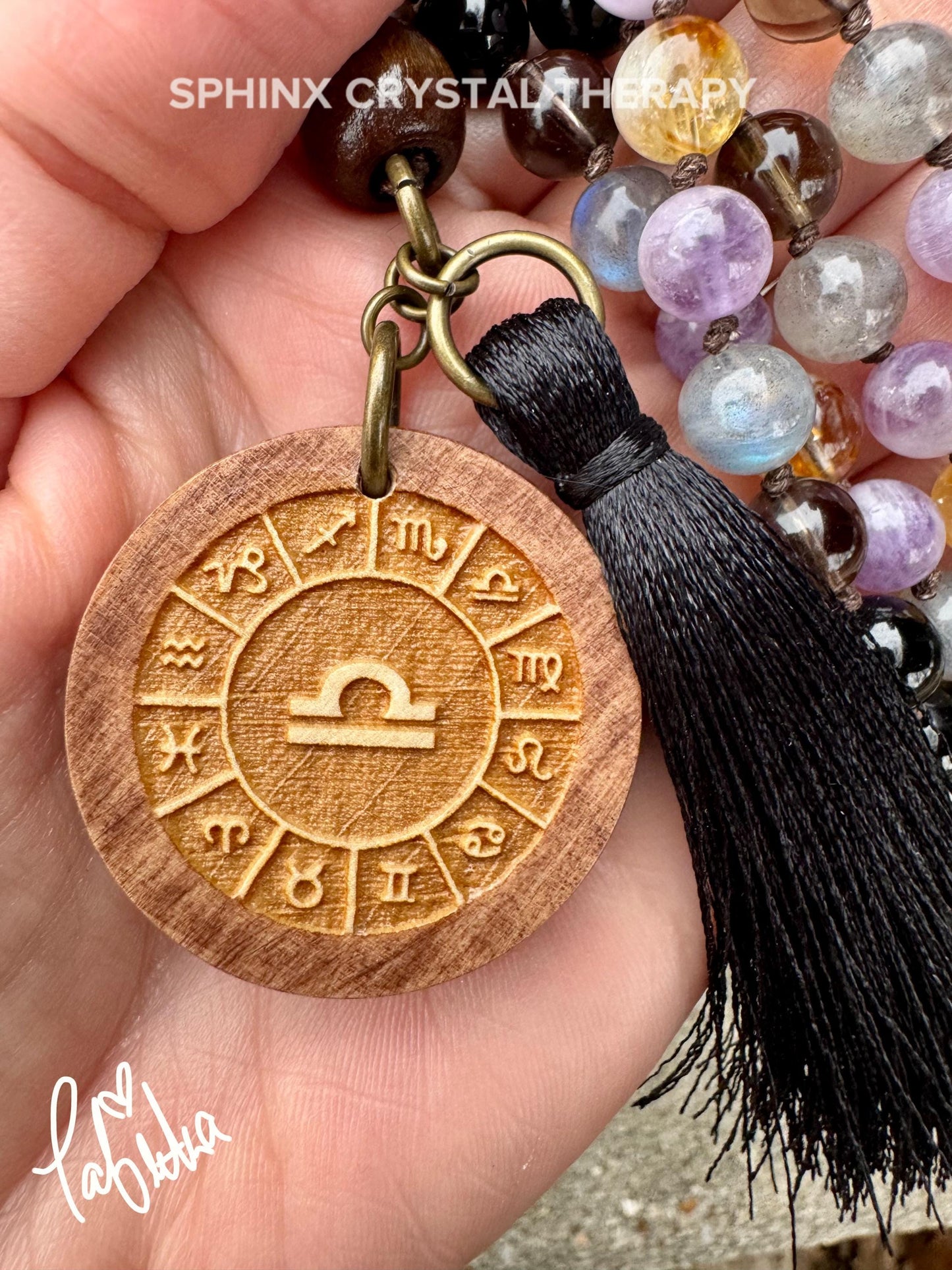 Libra Energy Mala Necklace - Zodiac  - "The Diplomat Libra" September October Birthday - Crystal Healing Gemstones - 108 Mantra Meditation