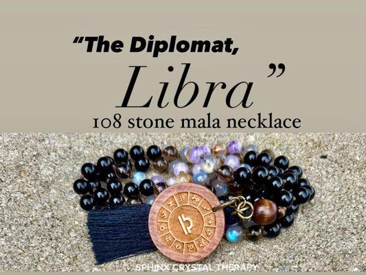 Libra Energy Mala Necklace - Zodiac  - "The Diplomat Libra" September October Birthday - Crystal Healing Gemstones - 108 Mantra Meditation