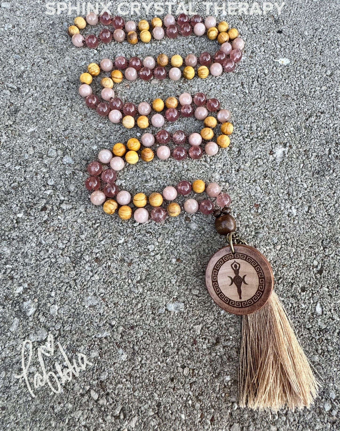 Heart Healing & Stress Support Mala  " Goddess of Renewal " AAA Moonstone - Strawberry Quartz - Palo Santo - High Quality Gemstone Crystals