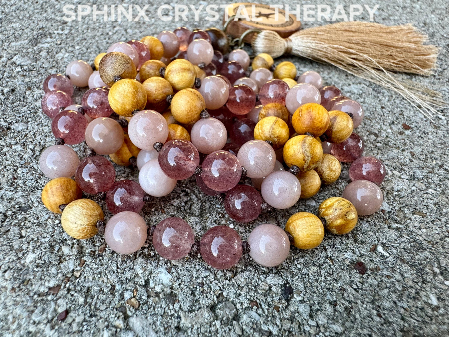 Heart Healing & Stress Support Mala  " Goddess of Renewal " AAA Moonstone - Strawberry Quartz - Palo Santo - High Quality Gemstone Crystals
