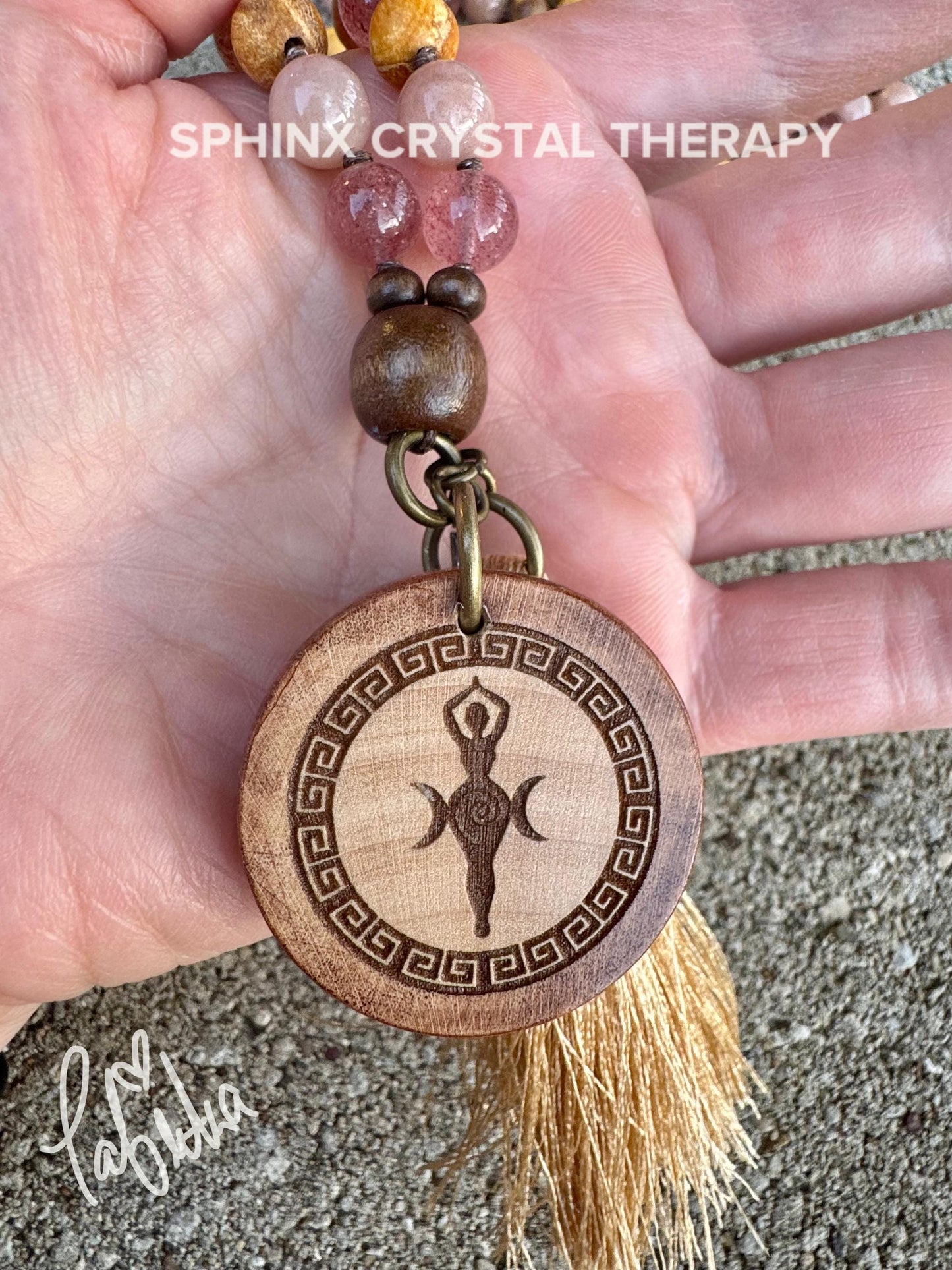 Heart Healing & Stress Support Mala  " Goddess of Renewal " AAA Moonstone - Strawberry Quartz - Palo Santo - High Quality Gemstone Crystals