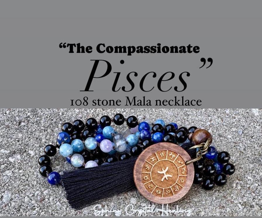 Pisces Energy Mala Necklace - Zodiac Horoscope "The Compassionate Pisces" February March Birthday - REAL Quality Crystal Healing Gemstones