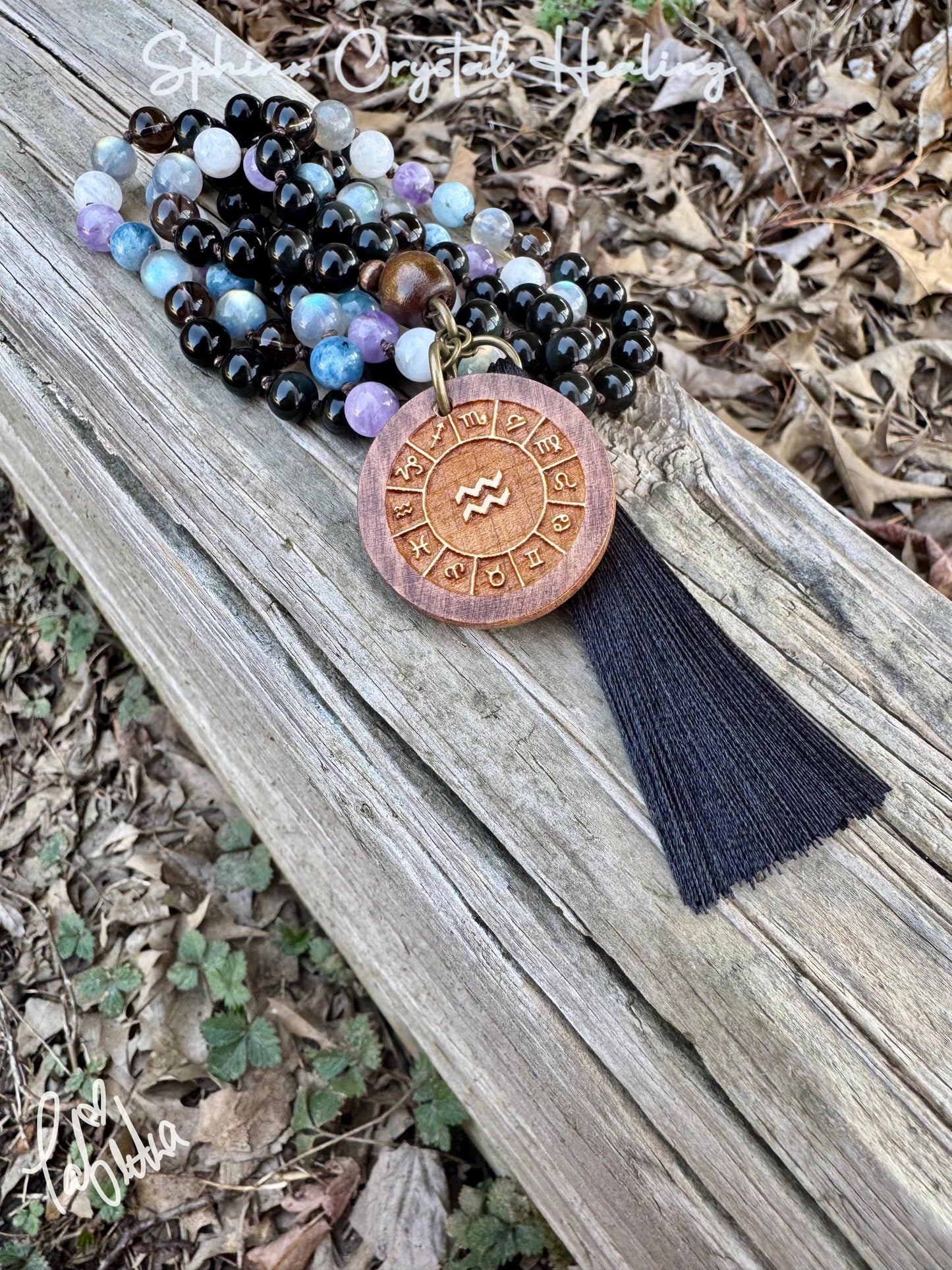 Aquarius Energy Mala Necklace " The Visionary Aquarius " January February Birthday - AAA Crystal Healing Gemstones - Zodiac Birthstones