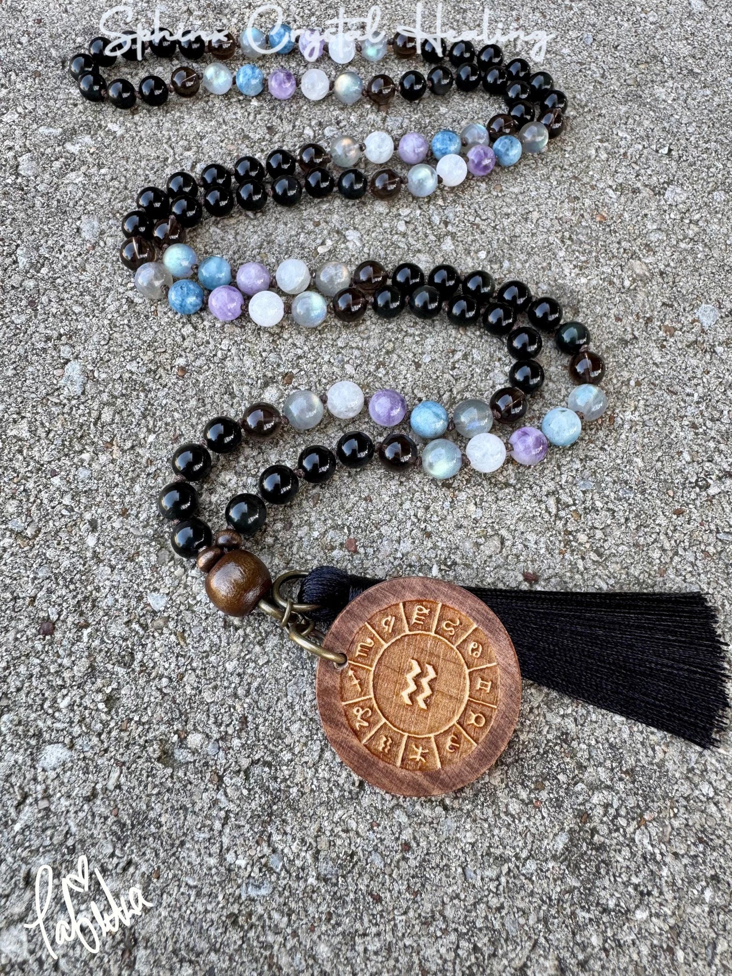 Aquarius Energy Mala Necklace " The Visionary Aquarius " January February Birthday - AAA Crystal Healing Gemstones - Zodiac Birthstones