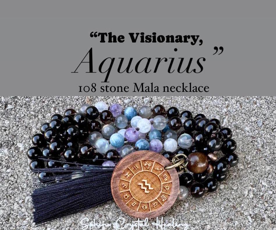 Aquarius Energy Mala Necklace " The Visionary Aquarius " January February Birthday - AAA Crystal Healing Gemstones - Zodiac Birthstones