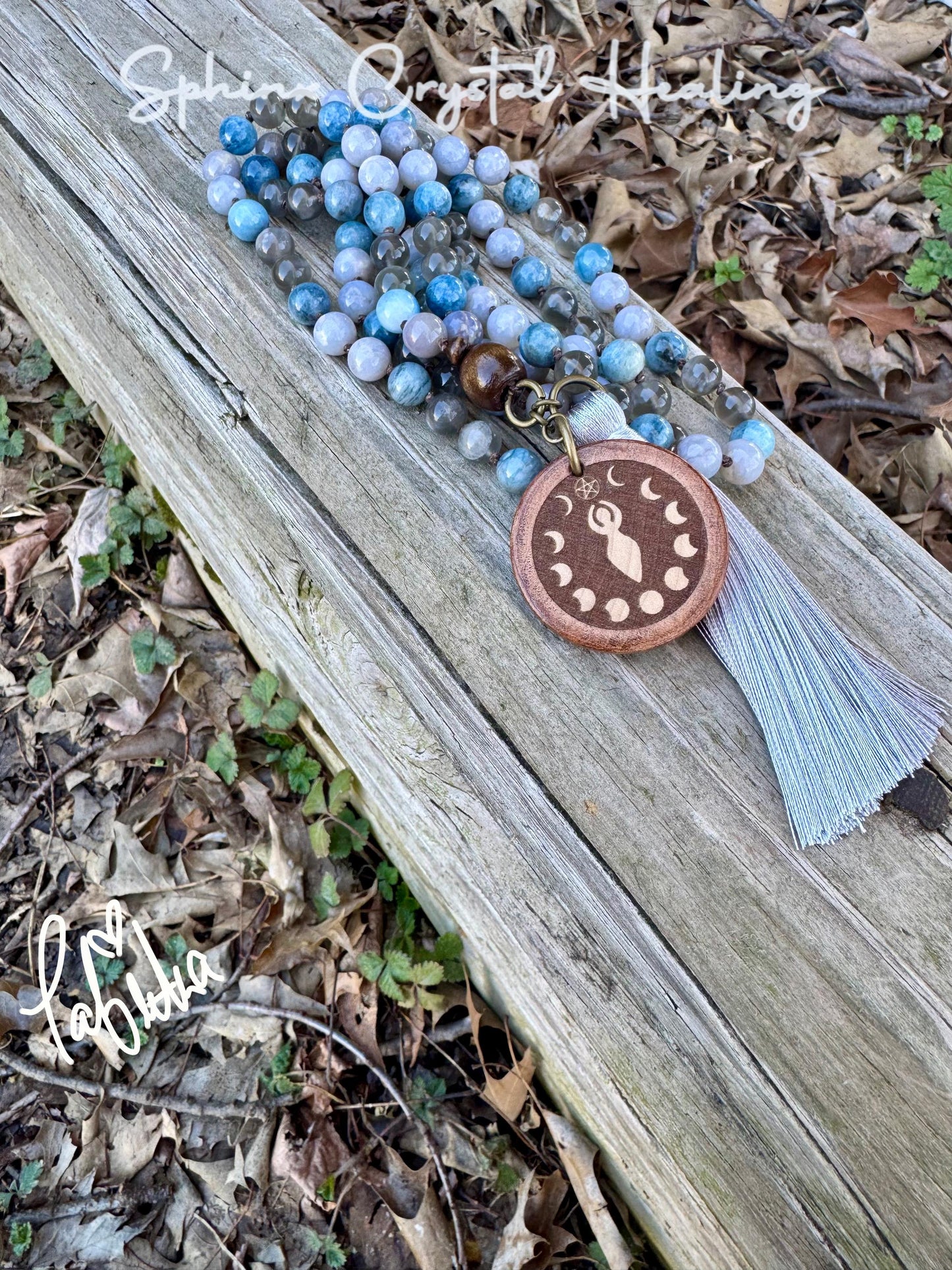 Spiritual Mala " Goddess of Sacred Waters " Self Reflection - RARE Gemstones - Black Moonstone - Blue Rose Quartz - Crystal Healing Necklace