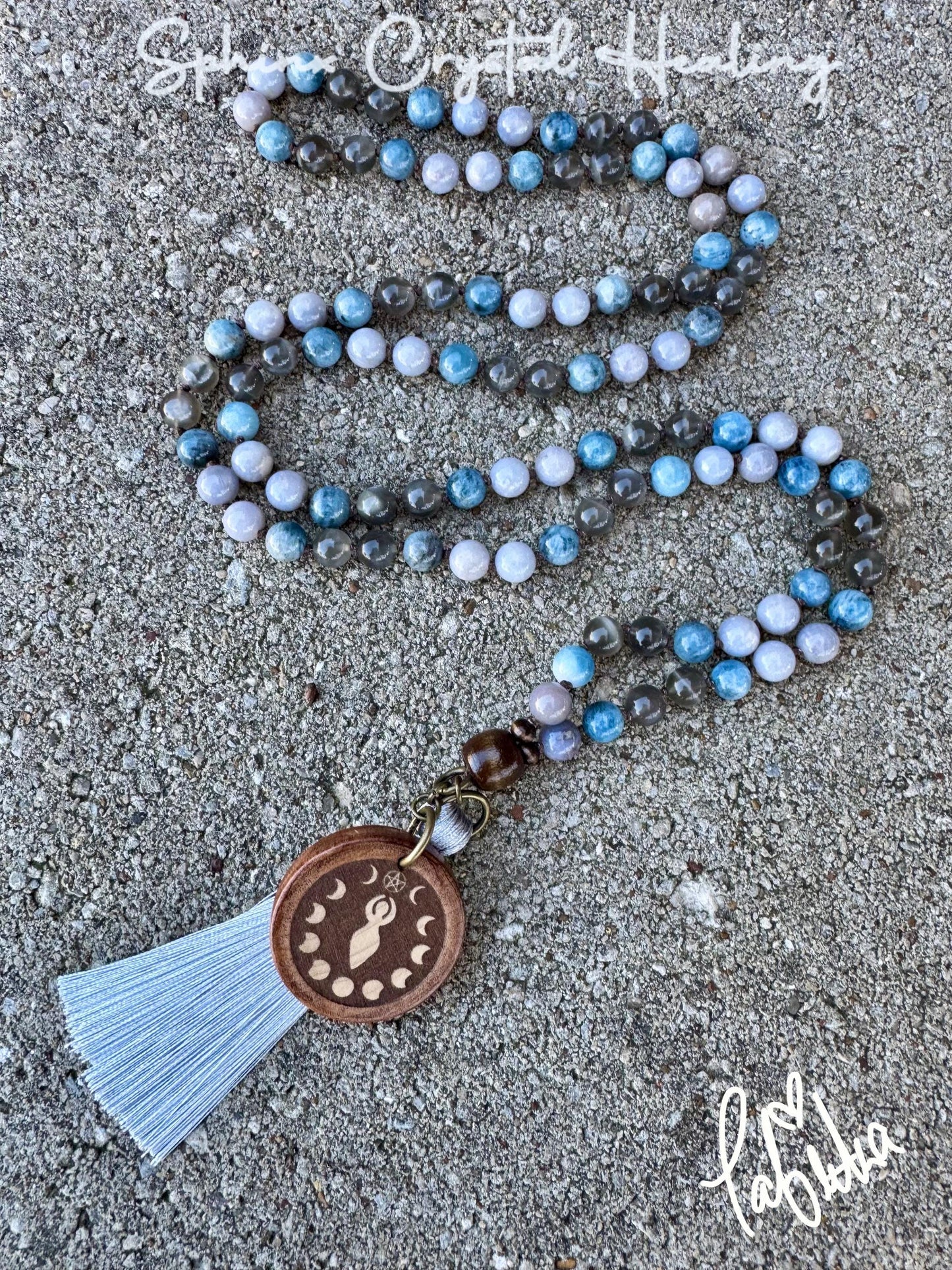 Spiritual Mala " Goddess of Sacred Waters " Self Reflection - RARE Gemstones - Black Moonstone - Blue Rose Quartz - Crystal Healing Necklace