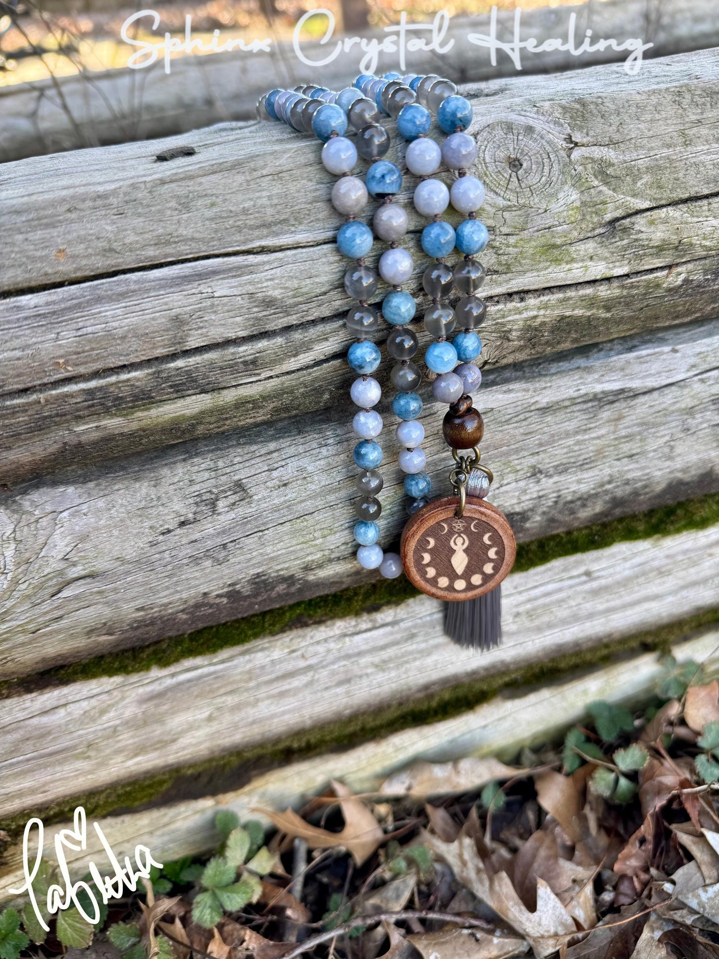Spiritual Mala " Goddess of Sacred Waters " Self Reflection - RARE Gemstones - Black Moonstone - Blue Rose Quartz - Crystal Healing Necklace