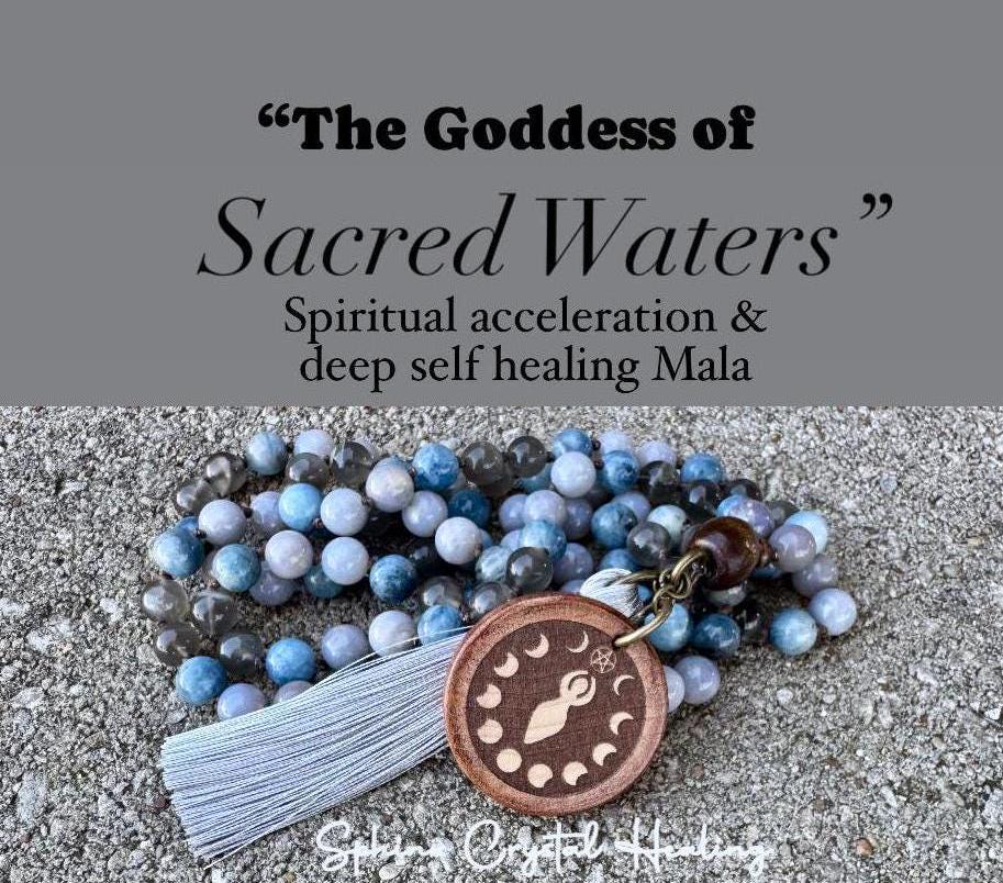 Spiritual Mala " Goddess of Sacred Waters " Self Reflection - RARE Gemstones - Black Moonstone - Blue Rose Quartz - Crystal Healing Necklace