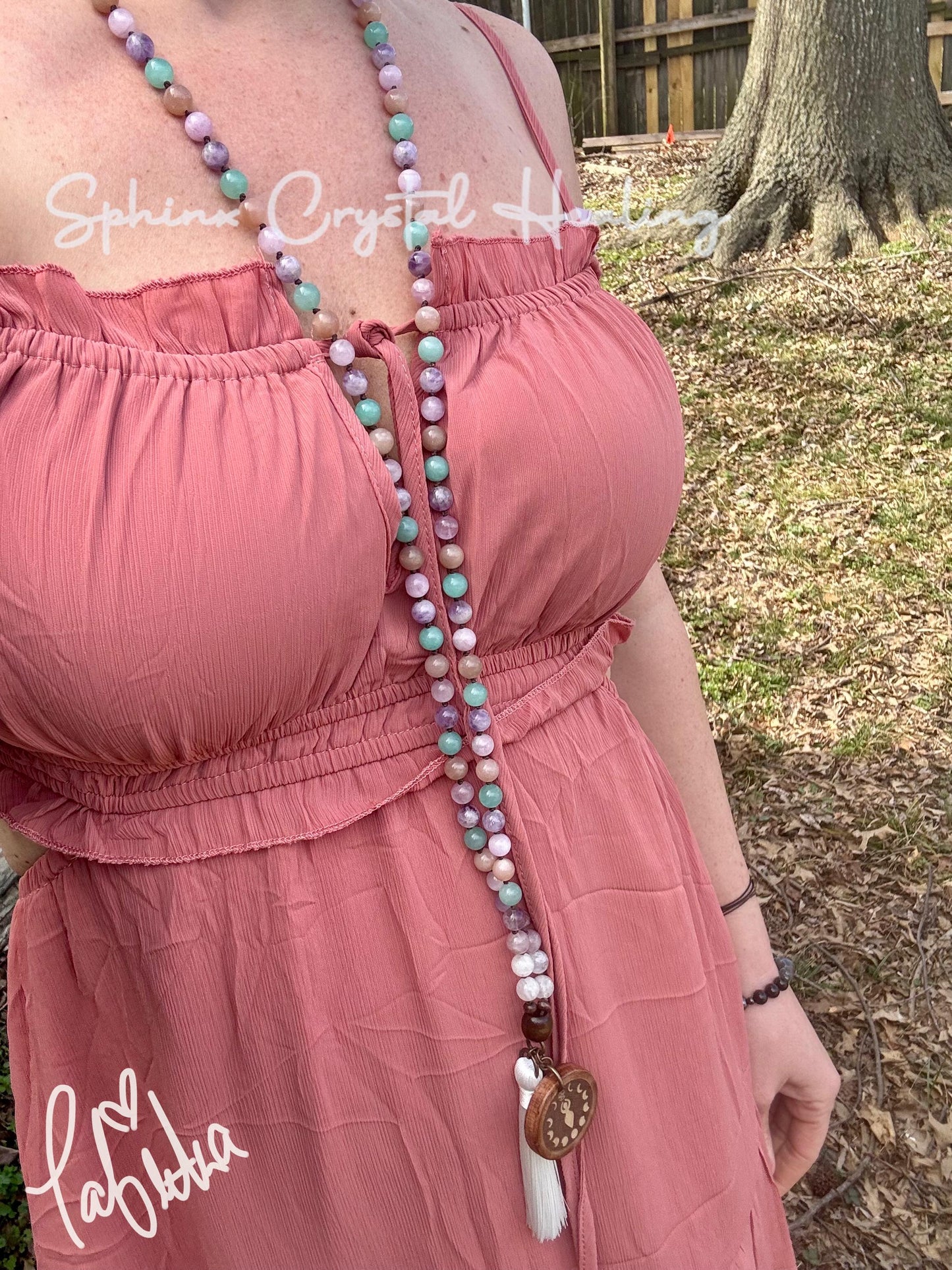 Calming Energy Mala - Stress Anxiety Support " Fairy Moon " Protection - AAA Kunzite - Amazonite - Moonstone - Fluorite Crystal Gemstones
