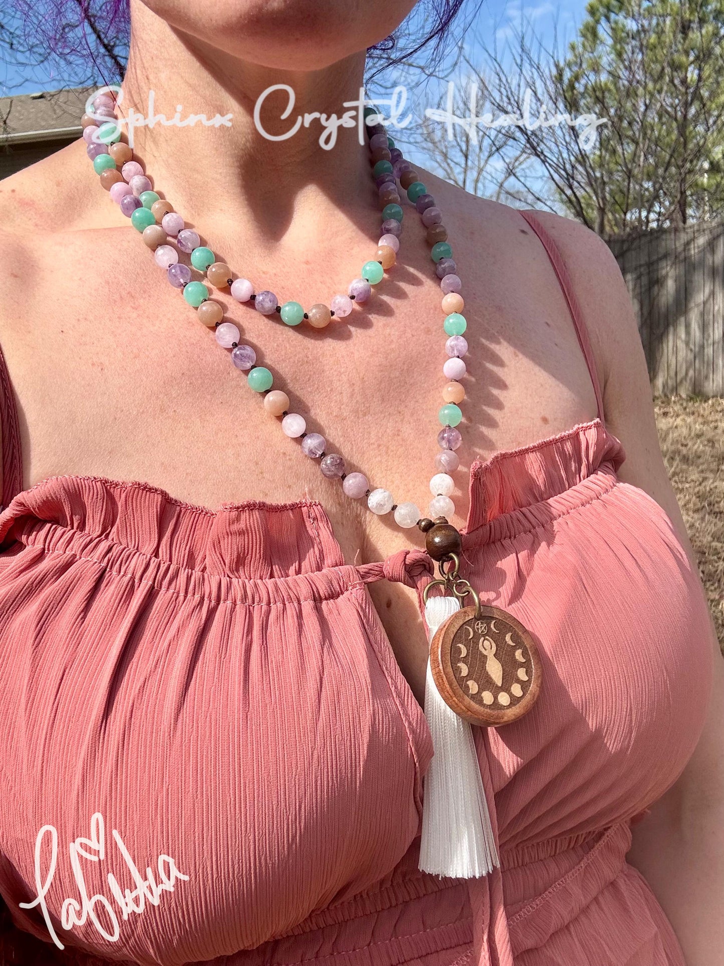 Calming Energy Mala - Stress Anxiety Support " Fairy Moon " Protection - AAA Kunzite - Amazonite - Moonstone - Fluorite Crystal Gemstones