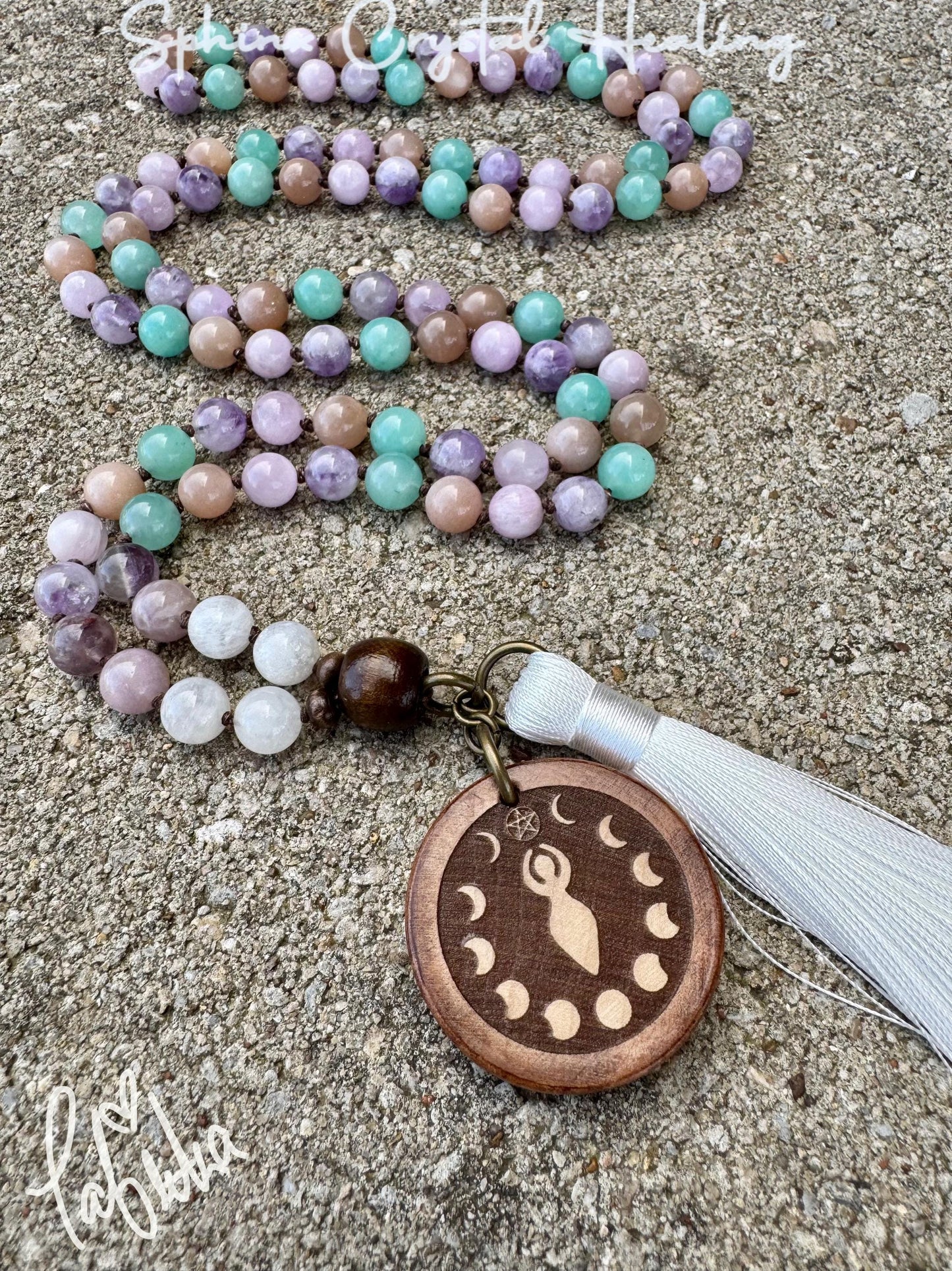 Calming Energy Mala - Stress Anxiety Support " Fairy Moon " Protection - AAA Kunzite - Amazonite - Moonstone - Fluorite Crystal Gemstones
