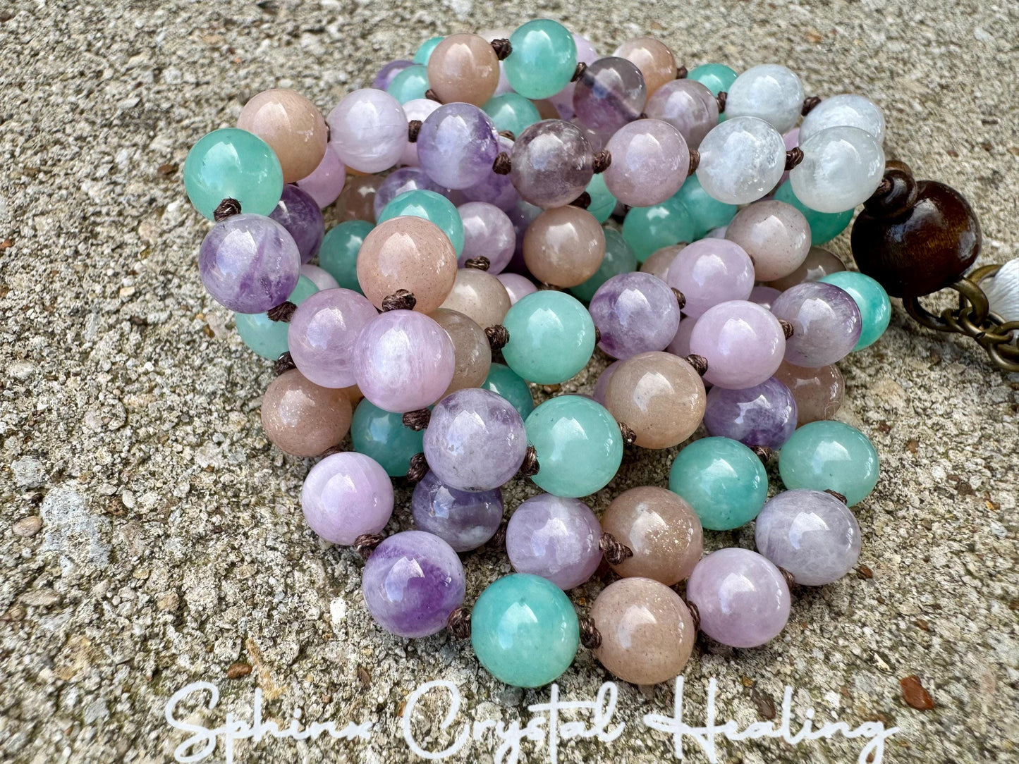 Calming Energy Mala - Stress Anxiety Support " Fairy Moon " Protection - AAA Kunzite - Amazonite - Moonstone - Fluorite Crystal Gemstones