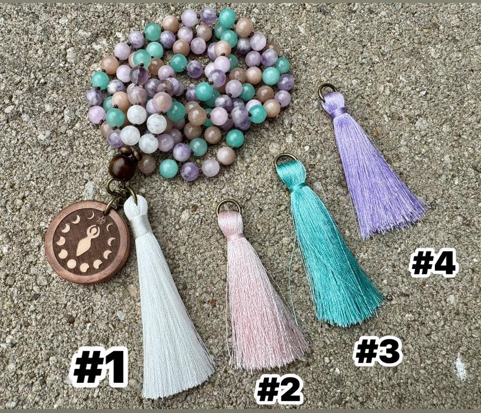 Calming Energy Mala - Stress Anxiety Support " Fairy Moon " Protection - AAA Kunzite - Amazonite - Moonstone - Fluorite Crystal Gemstones