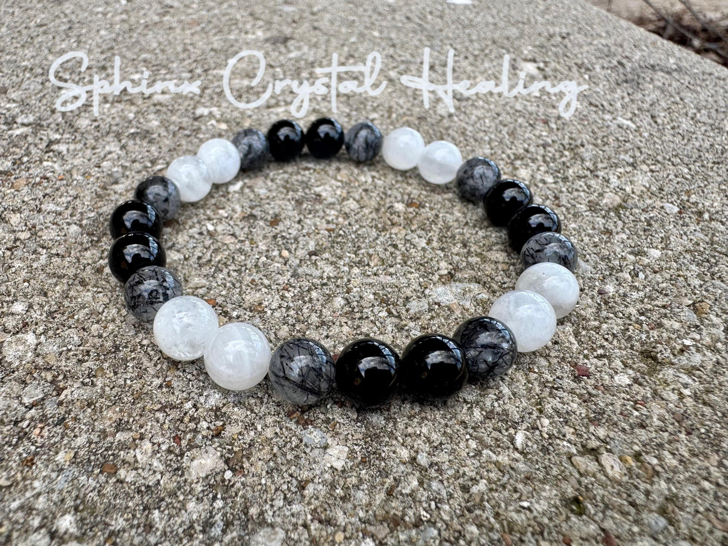 Spiritual Growth - Divine Feminine " Goddess Of The Moon " Empath - Lightworker - AAA Black Rutile - Tourmaline - Moonstone Crystal Bracelet