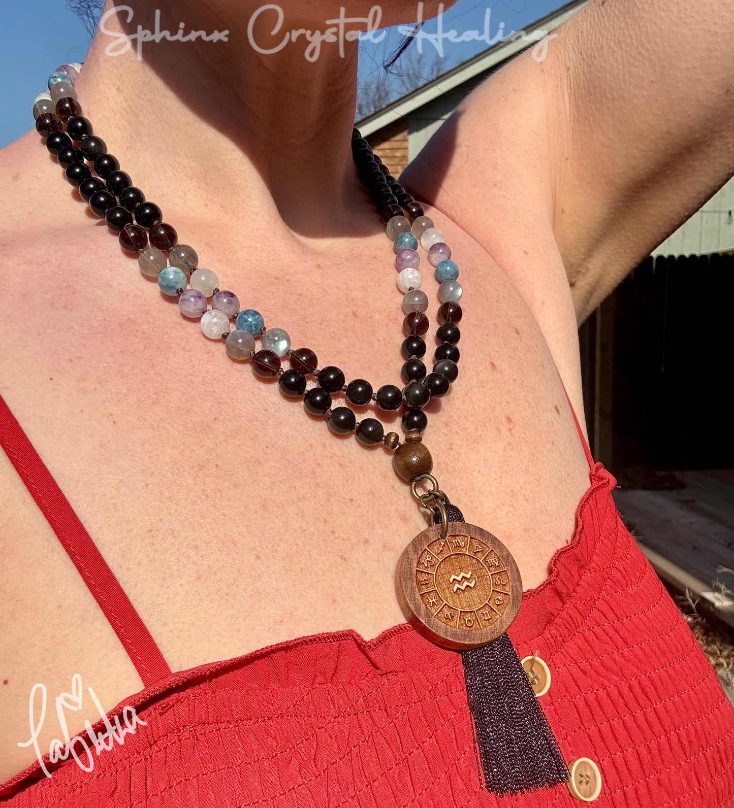 Aquarius Energy Mala Necklace " The Visionary Aquarius " January February Birthday - AAA Crystal Healing Gemstones - Zodiac Birthstones
