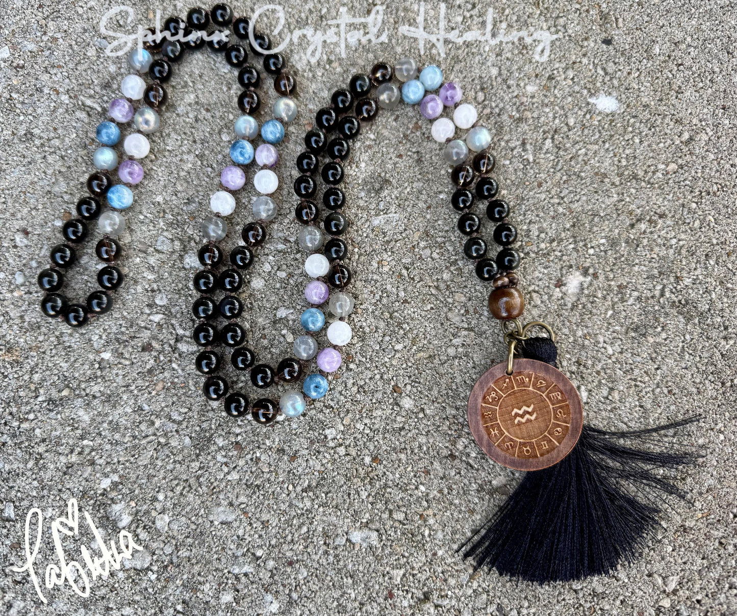 Aquarius Energy Mala Necklace " The Visionary Aquarius " January February Birthday - AAA Crystal Healing Gemstones - Zodiac Birthstones