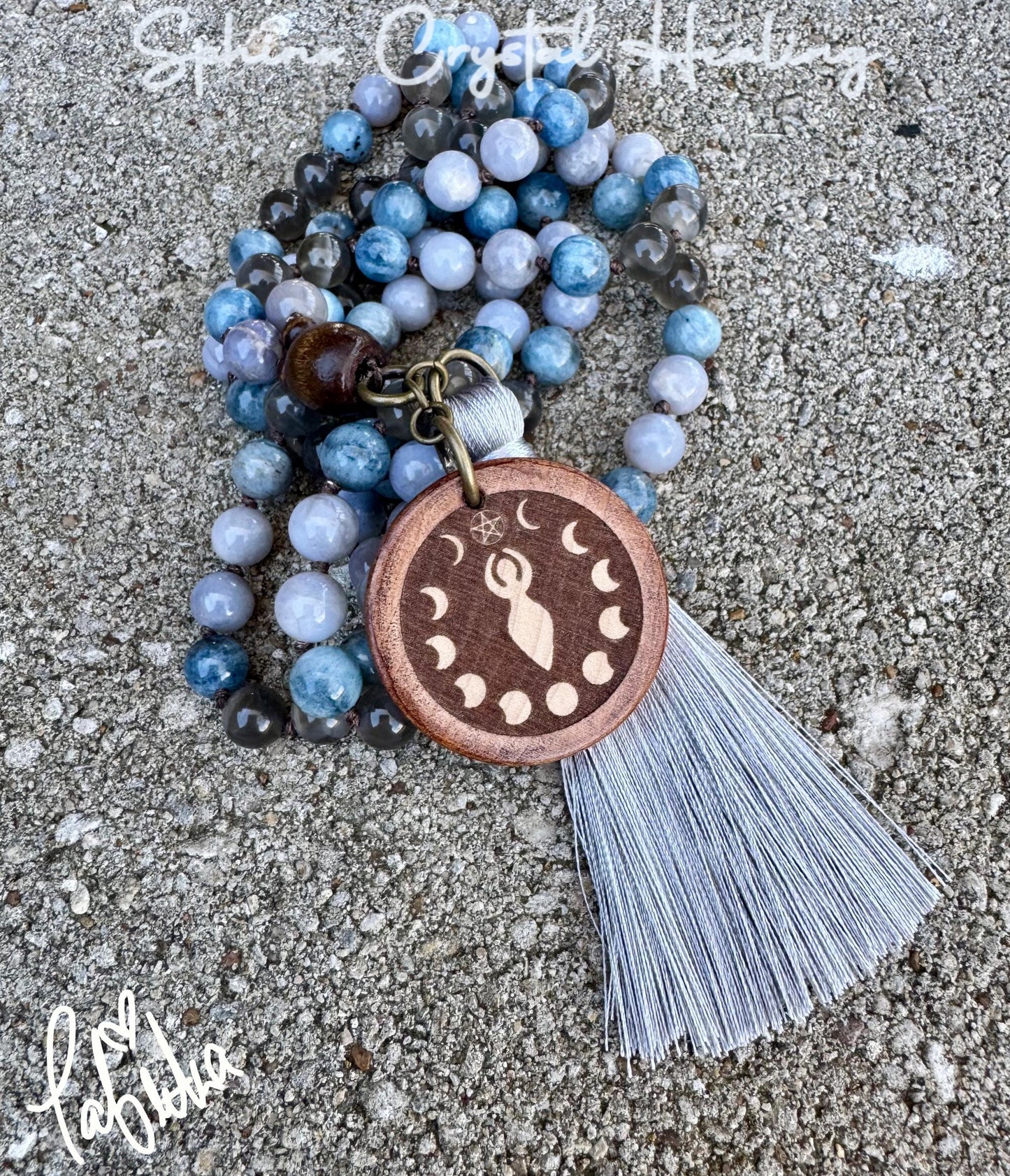 Spiritual Mala " Goddess of Sacred Waters " Self Reflection - RARE Gemstones - Black Moonstone - Blue Rose Quartz - Crystal Healing Necklace