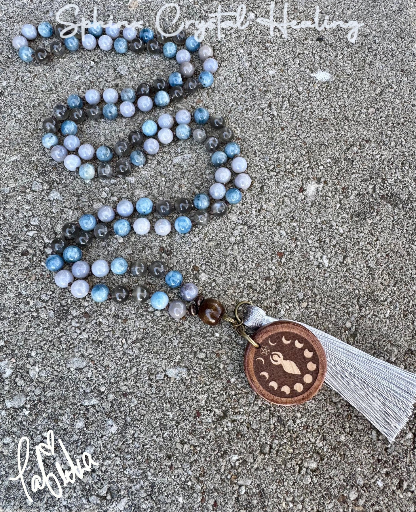 Spiritual Mala " Goddess of Sacred Waters " Self Reflection - RARE Gemstones - Black Moonstone - Blue Rose Quartz - Crystal Healing Necklace
