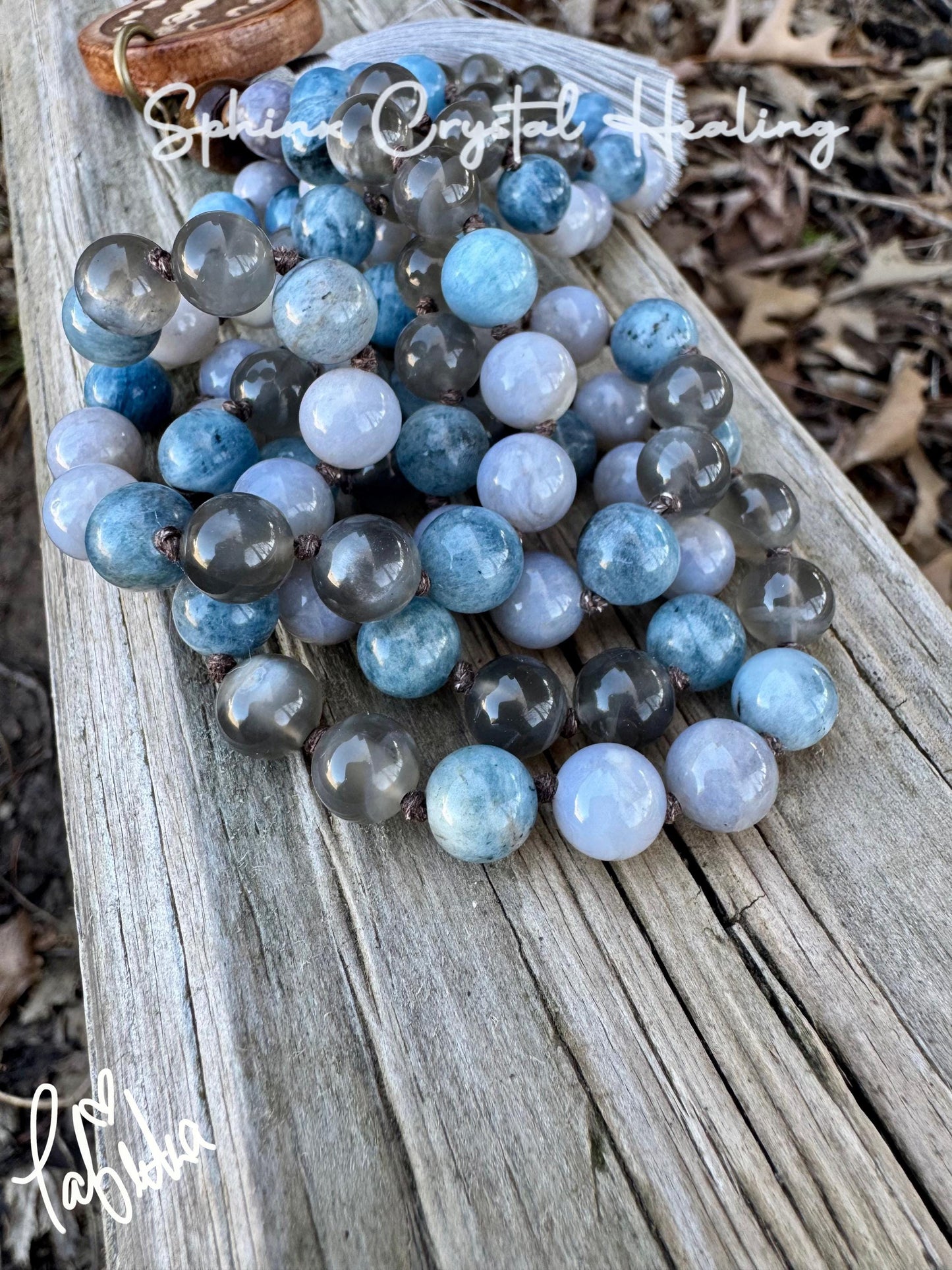 Spiritual Mala " Goddess of Sacred Waters " Self Reflection - RARE Gemstones - Black Moonstone - Blue Rose Quartz - Crystal Healing Necklace