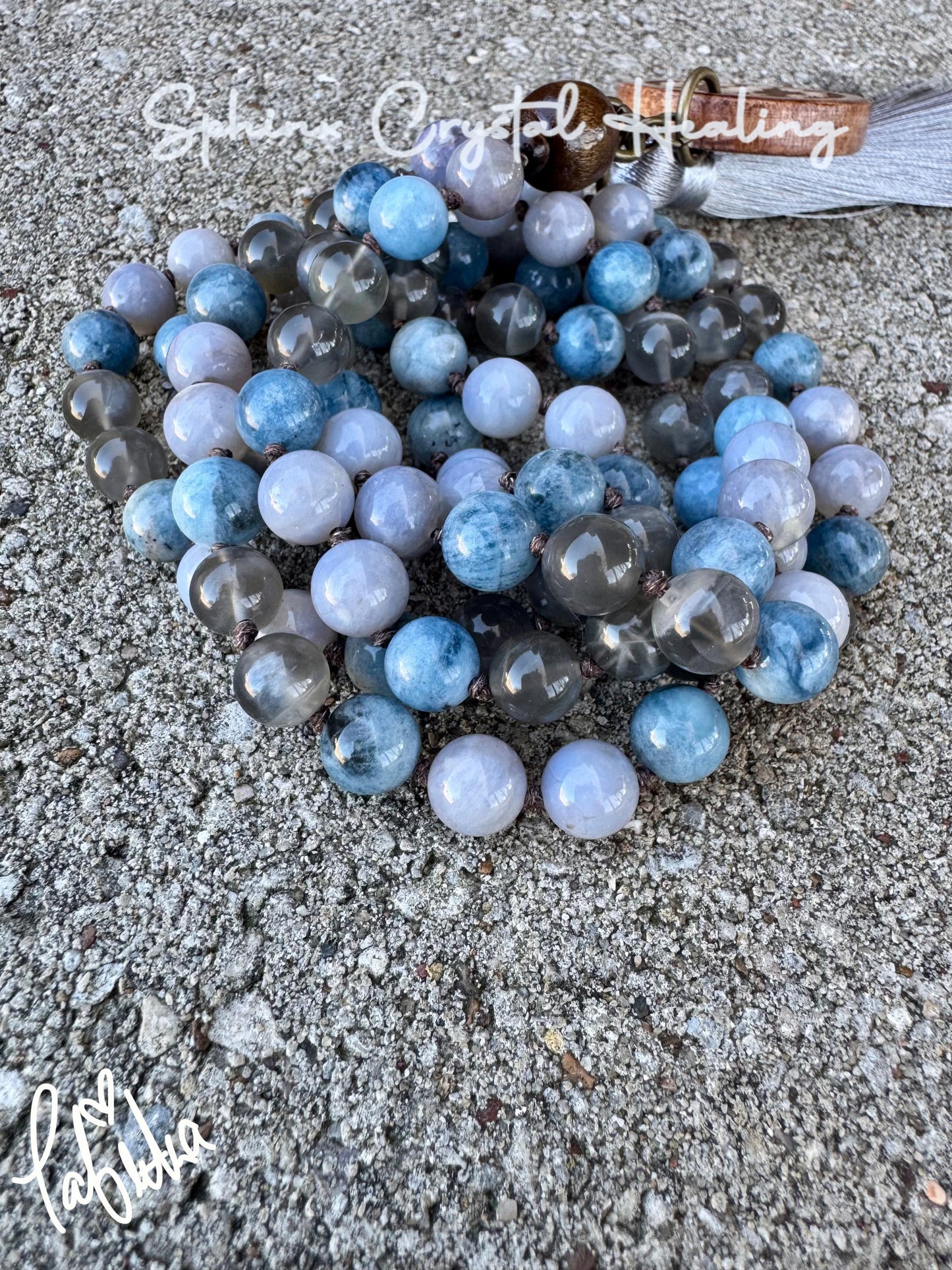 Spiritual Mala " Goddess of Sacred Waters " Self Reflection - RARE Gemstones - Black Moonstone - Blue Rose Quartz - Crystal Healing Necklace
