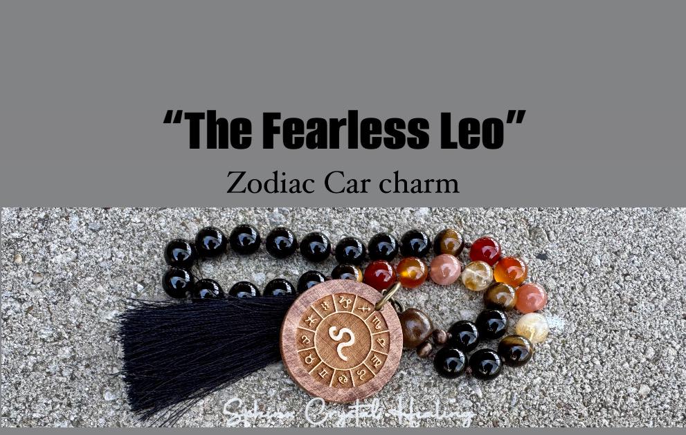 Leo Energy Car Charm - Zodiac Horoscope - " The Fearless Leo " July August Birthday - Crystal Healing Gemstones - Rear View Mirror Ornament