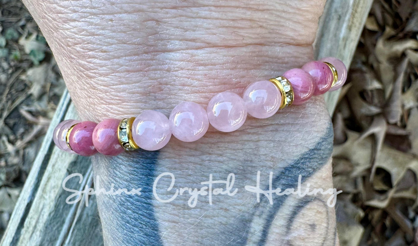 6mm Breast Cancer Awareness “ Her Wings ” Hope - Emotional Healing - AAA Rose Quartz - Rhodonite - Crystal Energy Healing Gemstone Bracelet