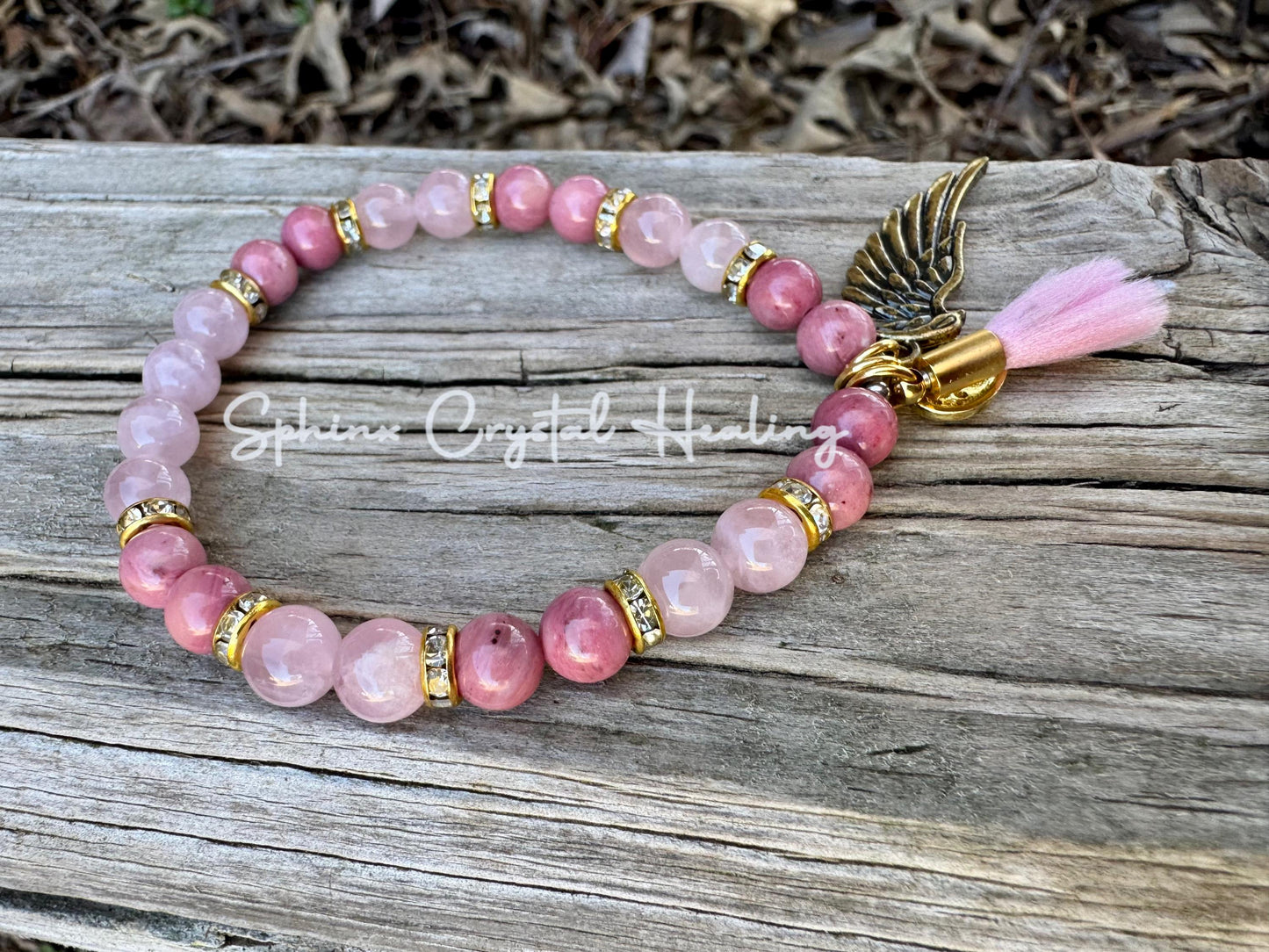 6mm Breast Cancer Awareness “ Her Wings ” Hope - Emotional Healing - AAA Rose Quartz - Rhodonite - Crystal Energy Healing Gemstone Bracelet