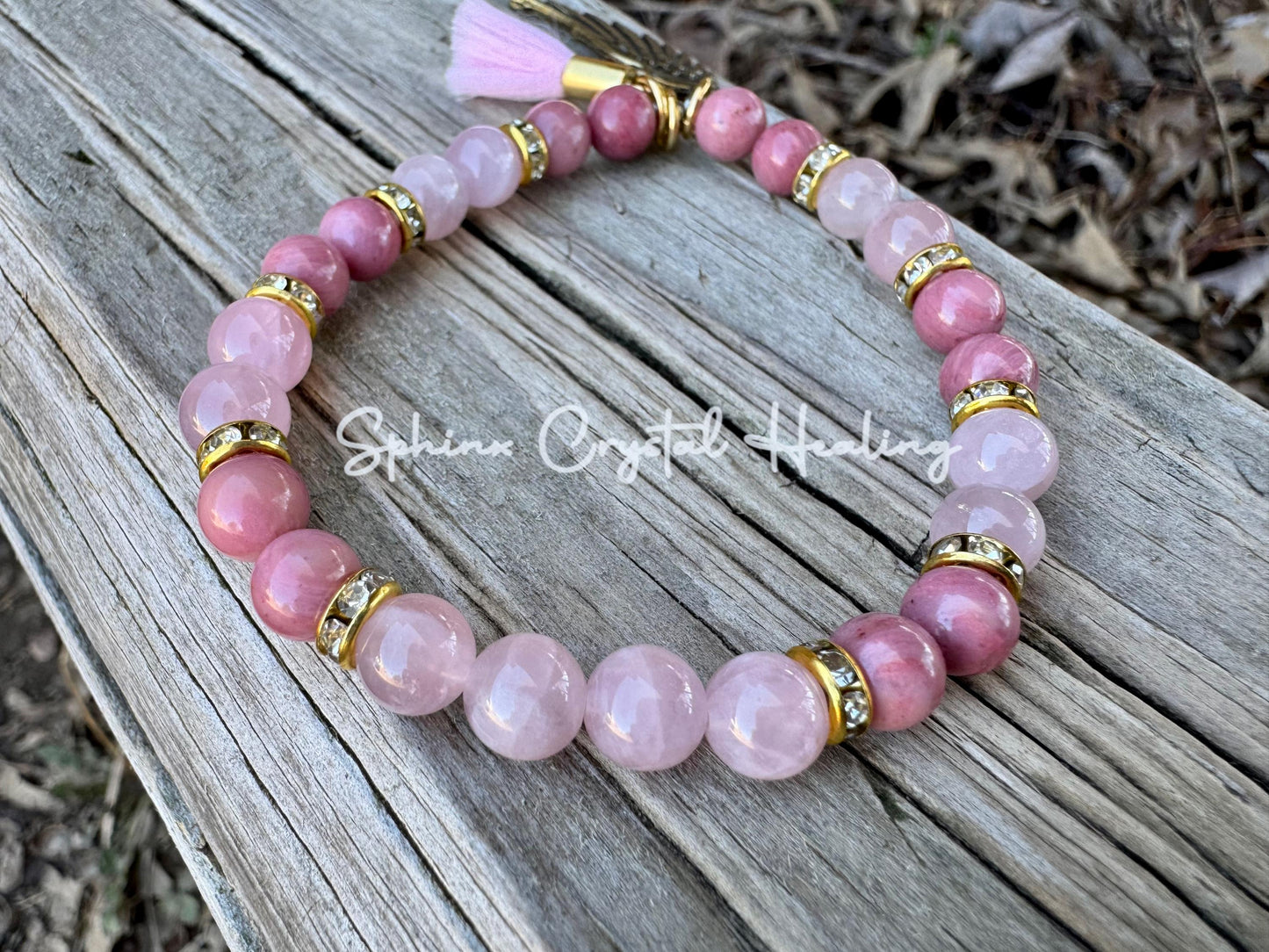 6mm Breast Cancer Awareness “ Her Wings ” Hope - Emotional Healing - AAA Rose Quartz - Rhodonite - Crystal Energy Healing Gemstone Bracelet