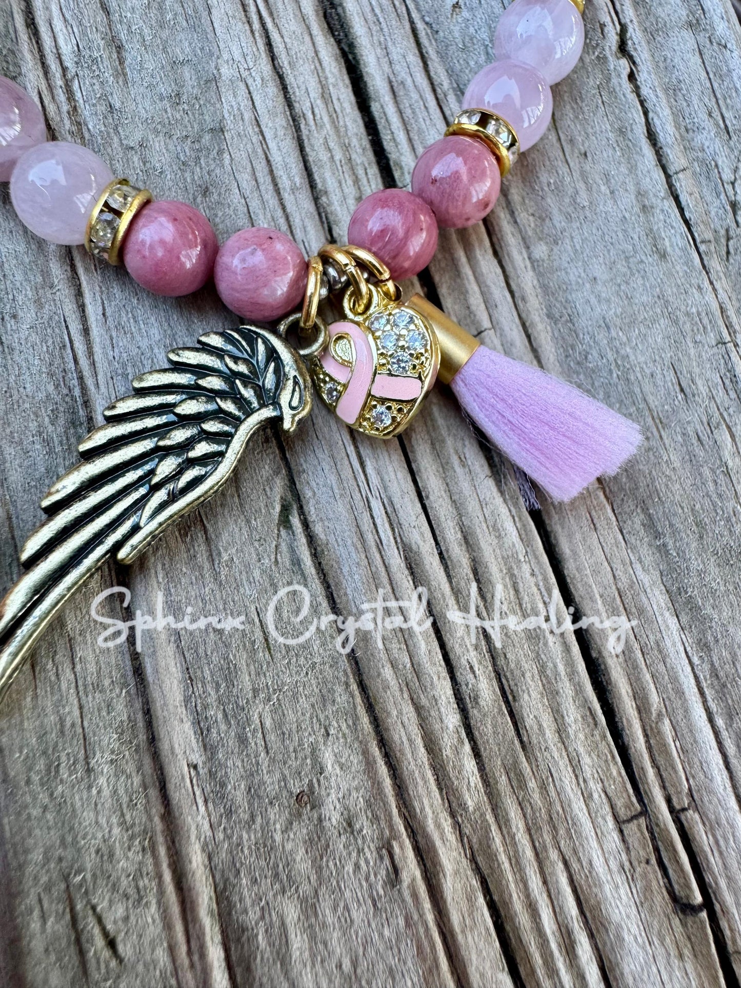 6mm Breast Cancer Awareness “ Her Wings ” Hope - Emotional Healing - AAA Rose Quartz - Rhodonite - Crystal Energy Healing Gemstone Bracelet
