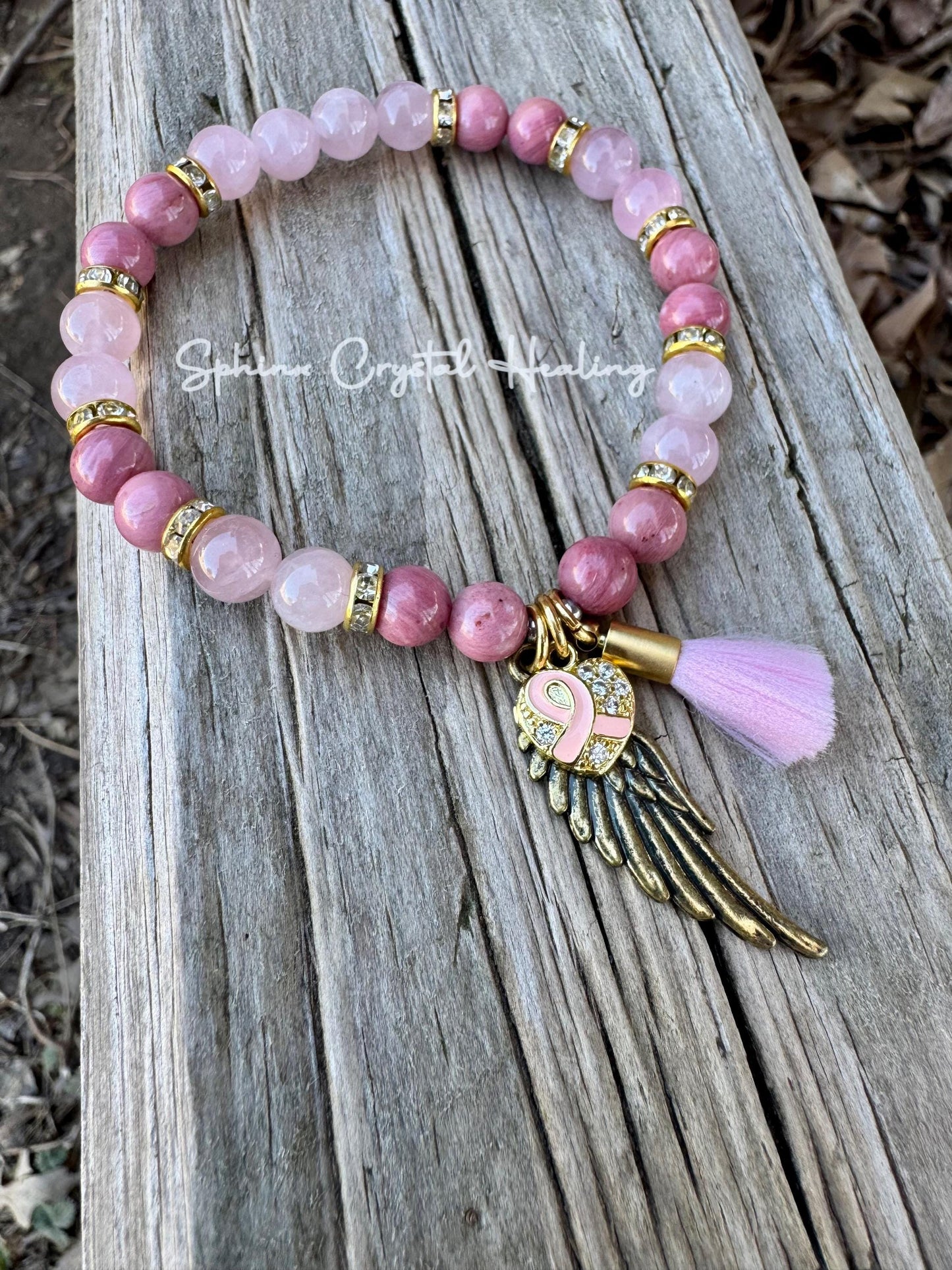 6mm Breast Cancer Awareness “ Her Wings ” Hope - Emotional Healing - AAA Rose Quartz - Rhodonite - Crystal Energy Healing Gemstone Bracelet