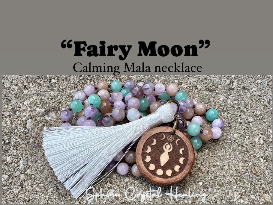 Calming Energy Mala - Stress Anxiety Support " Fairy Moon " Protection - AAA Kunzite - Amazonite - Moonstone - Fluorite Crystal Gemstones