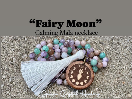 Calming Energy Mala - Stress Anxiety Support " Fairy Moon " Protection - AAA Kunzite - Amazonite - Moonstone - Fluorite Crystal Gemstones