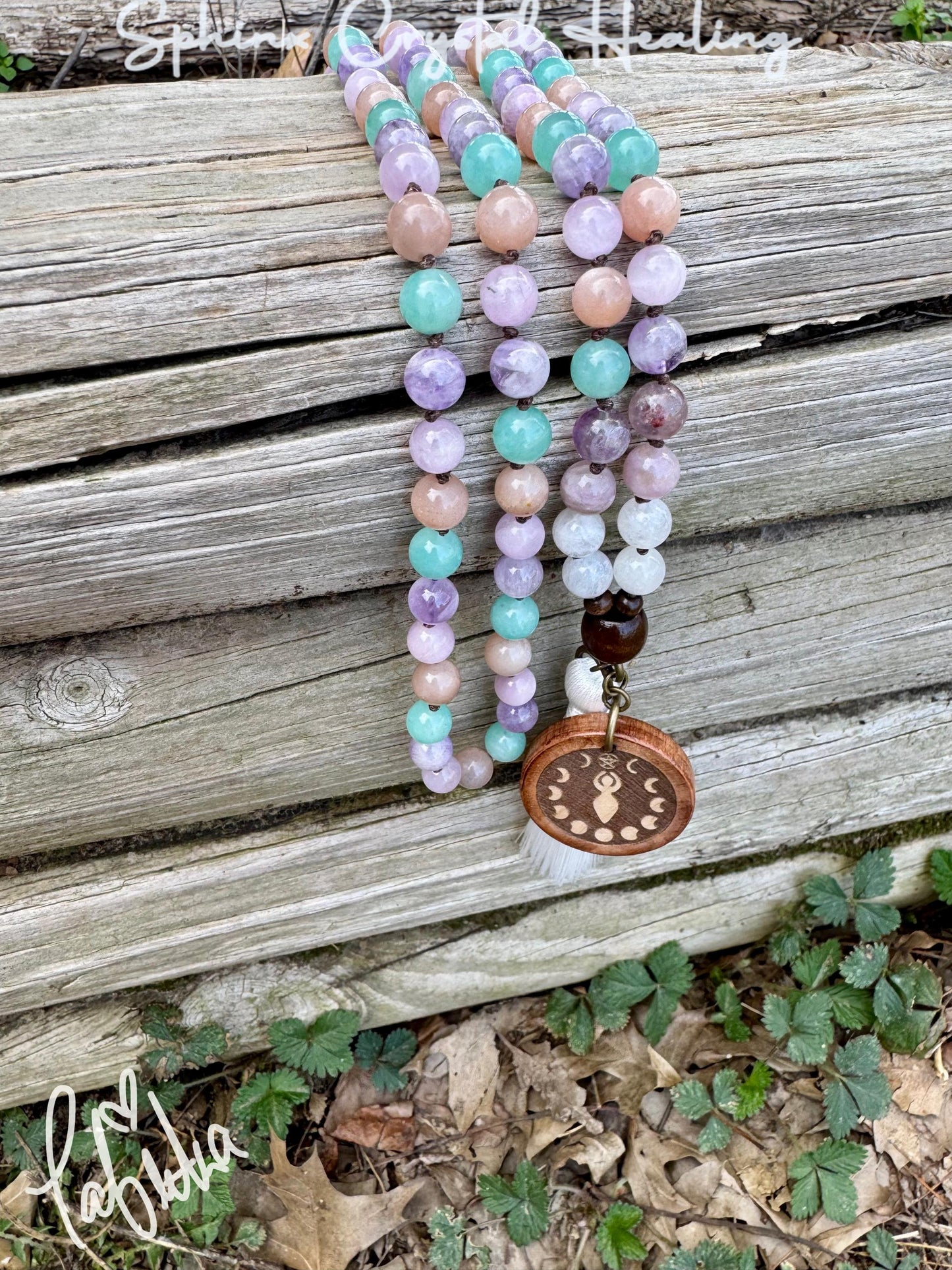 Calming Energy Mala - Stress Anxiety Support " Fairy Moon " Protection - AAA Kunzite - Amazonite - Moonstone - Fluorite Crystal Gemstones