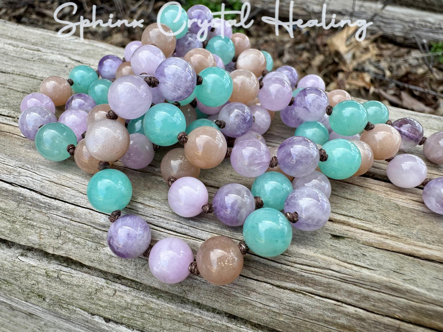 Calming Energy Mala - Stress Anxiety Support " Fairy Moon " Protection - AAA Kunzite - Amazonite - Moonstone - Fluorite Crystal Gemstones