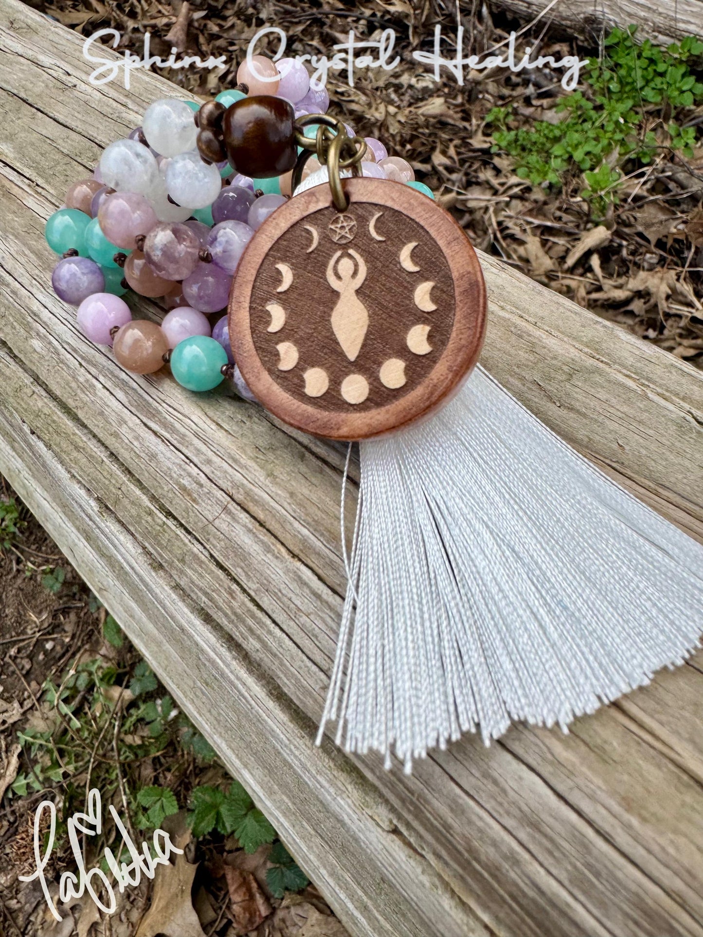 Calming Energy Mala - Stress Anxiety Support " Fairy Moon " Protection - AAA Kunzite - Amazonite - Moonstone - Fluorite Crystal Gemstones