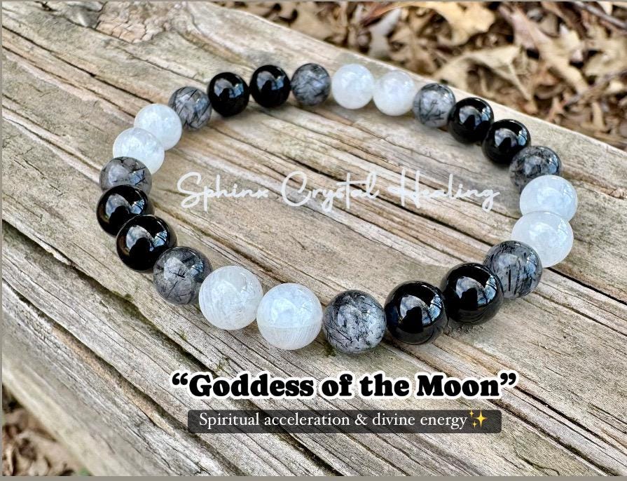 Spiritual Growth - Divine Feminine " Goddess Of The Moon " Empath - Lightworker - AAA Black Rutile - Tourmaline - Moonstone Crystal Bracelet