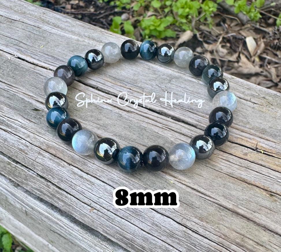 Self Empowerment - Strength & Courage " You are the Universe " AAA Blue Tigers Eye - Labradorite - Silver Obsidian Crystal Gemstone Bracelet