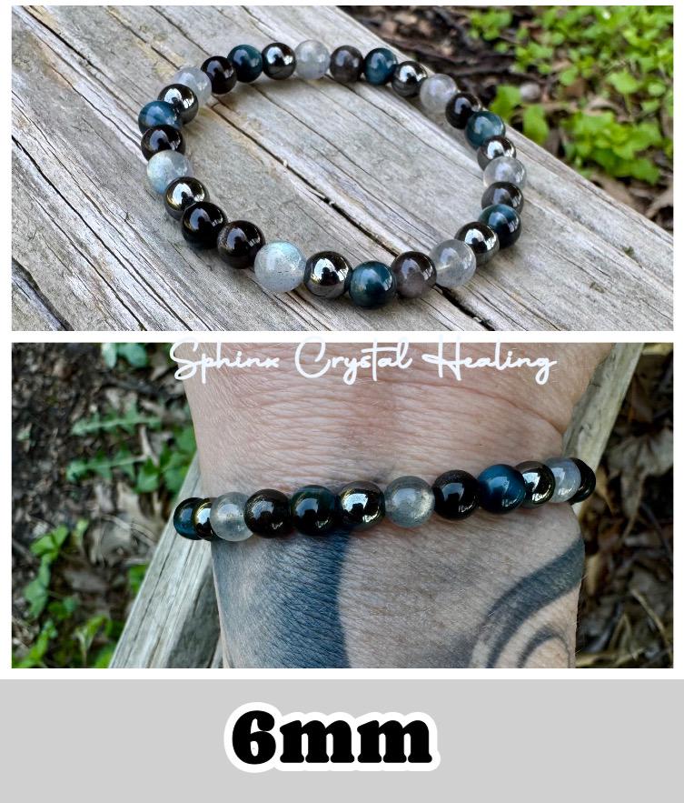 Self Empowerment - Strength & Courage " You are the Universe " AAA Blue Tigers Eye - Labradorite - Silver Obsidian Crystal Gemstone Bracelet